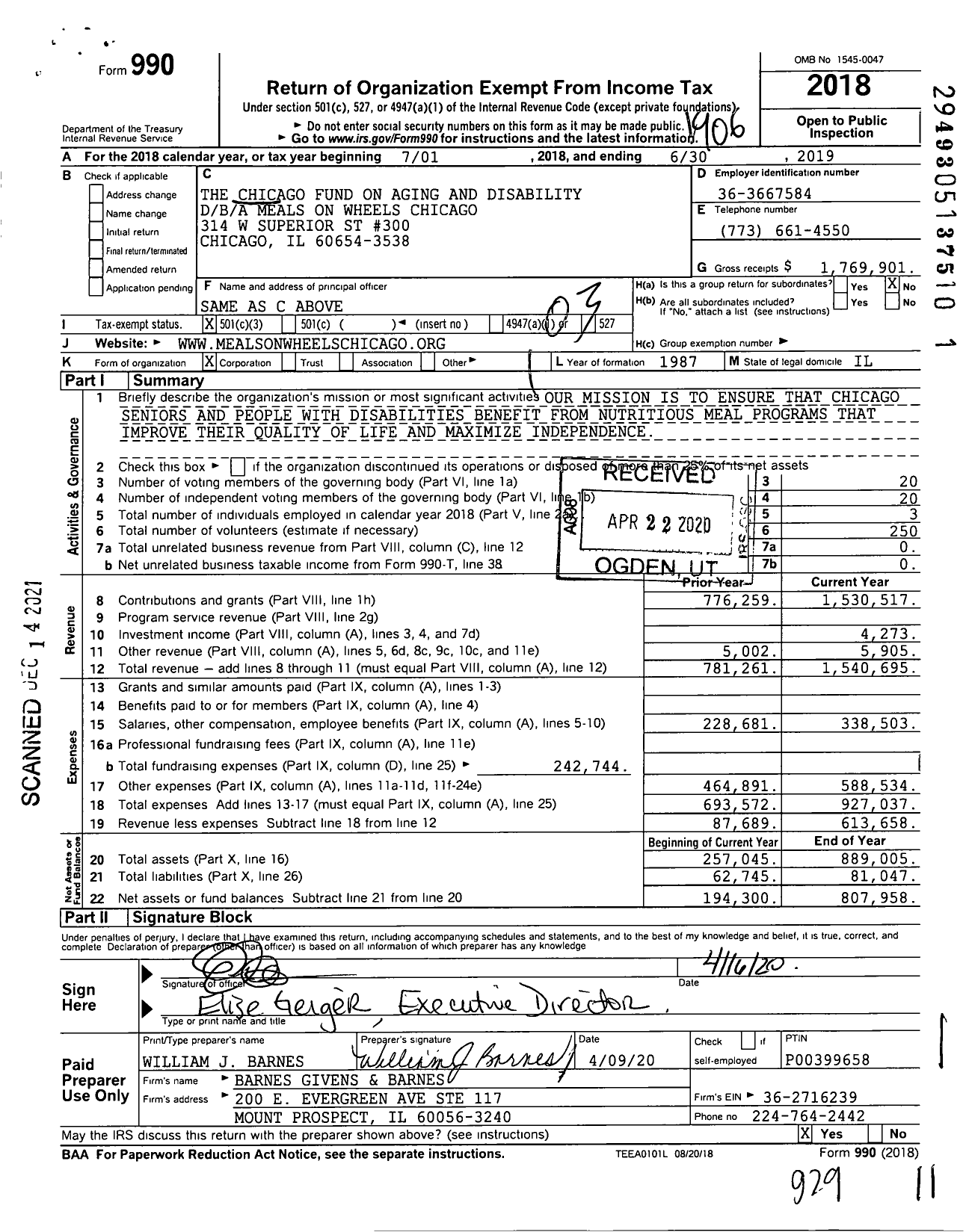 Image of first page of 2018 Form 990 for Meals on Wheels Chicago