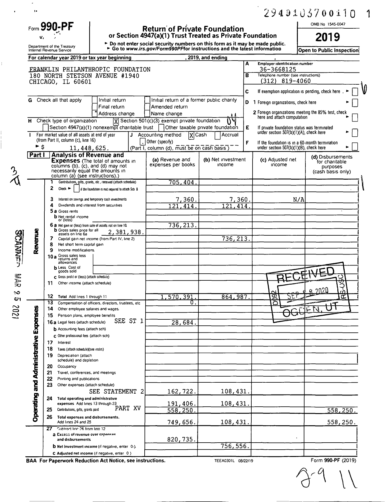 Image of first page of 2019 Form 990PF for Franklin Philanthropic Foundation