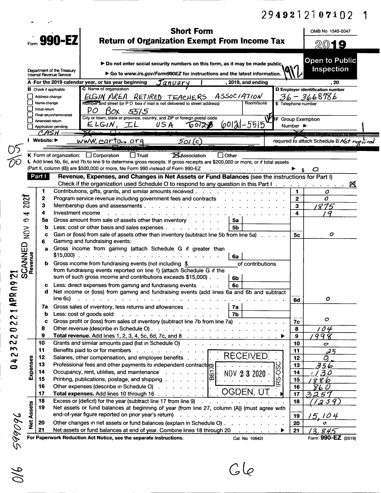 Image of first page of 2019 Form 990EO for Elgin Area Retired Teachers Association