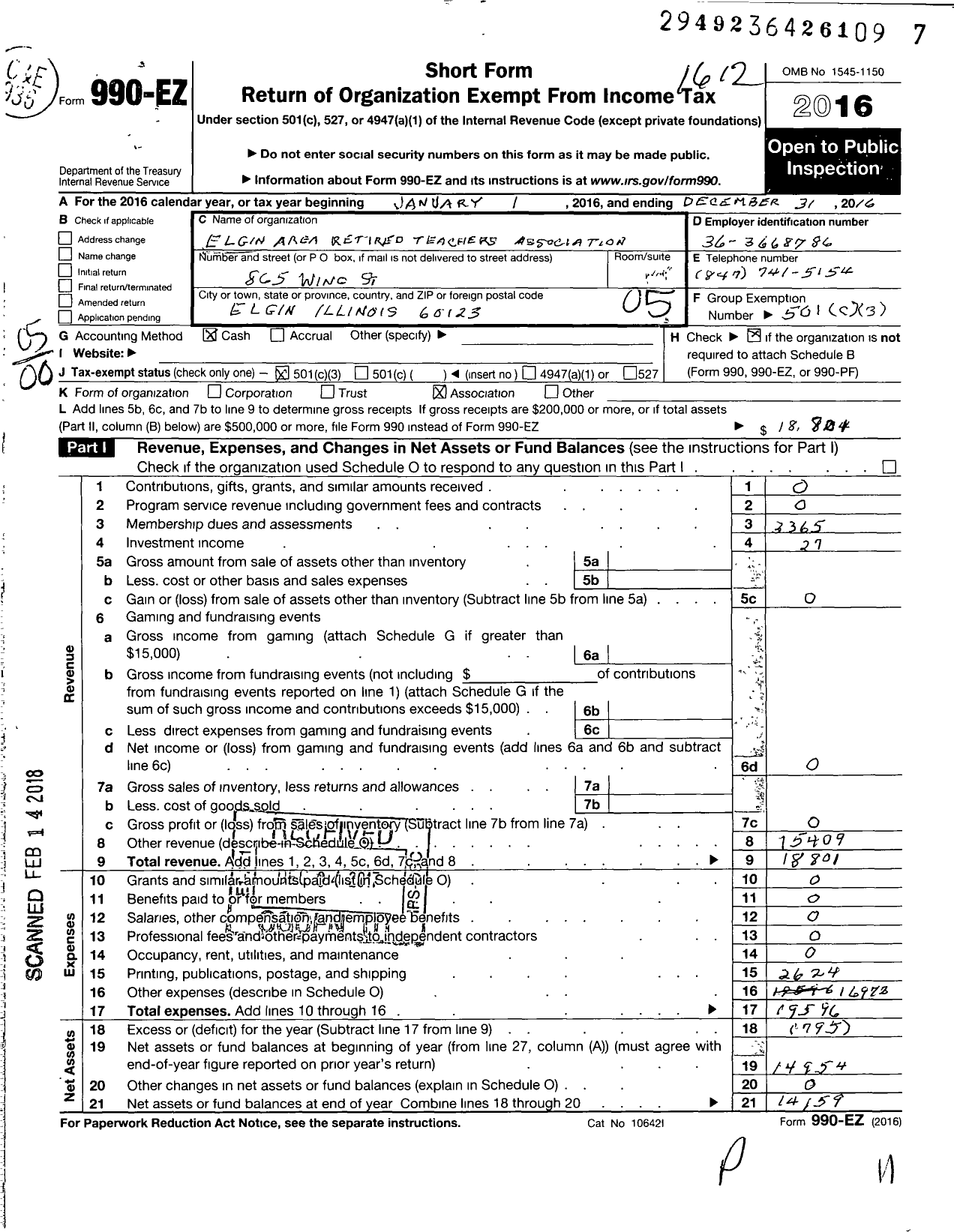 Image of first page of 2016 Form 990EO for Elgin Area Retired Teachers Association