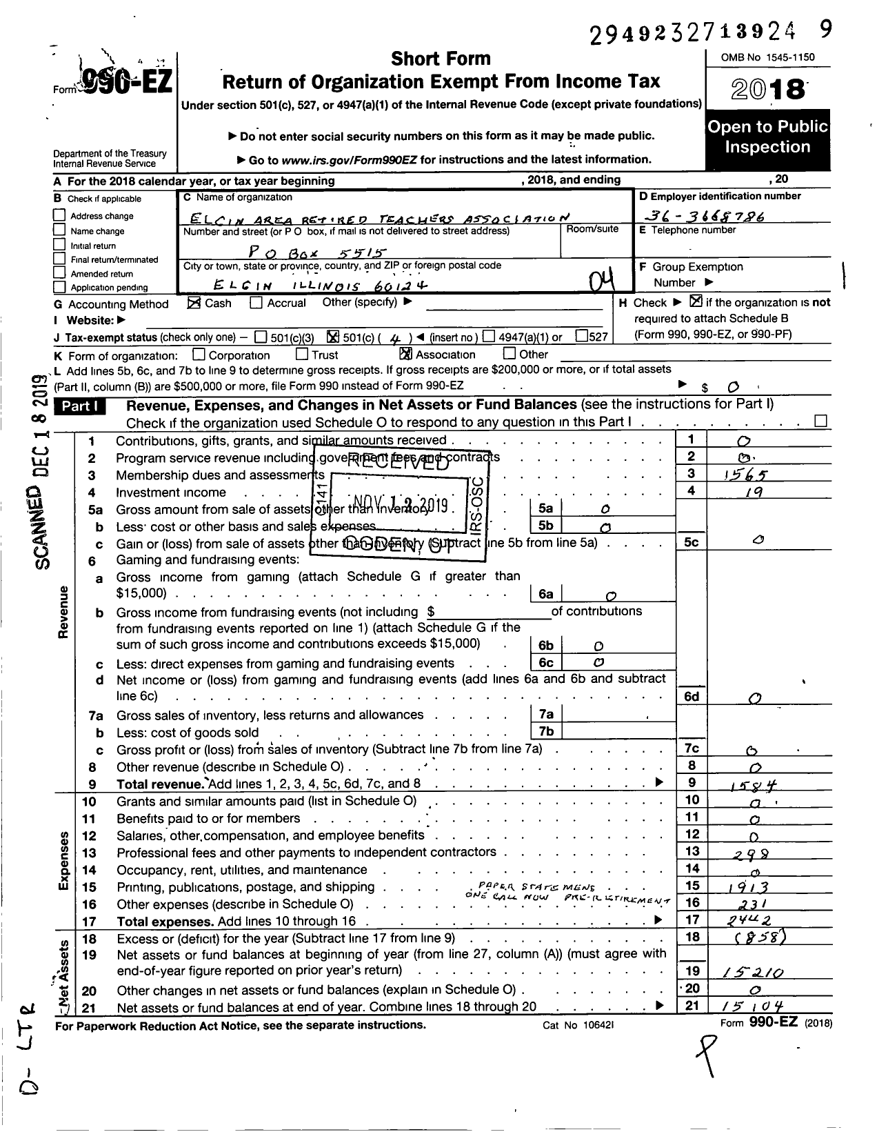 Image of first page of 2018 Form 990EO for Elgin Area Retired Teachers Association