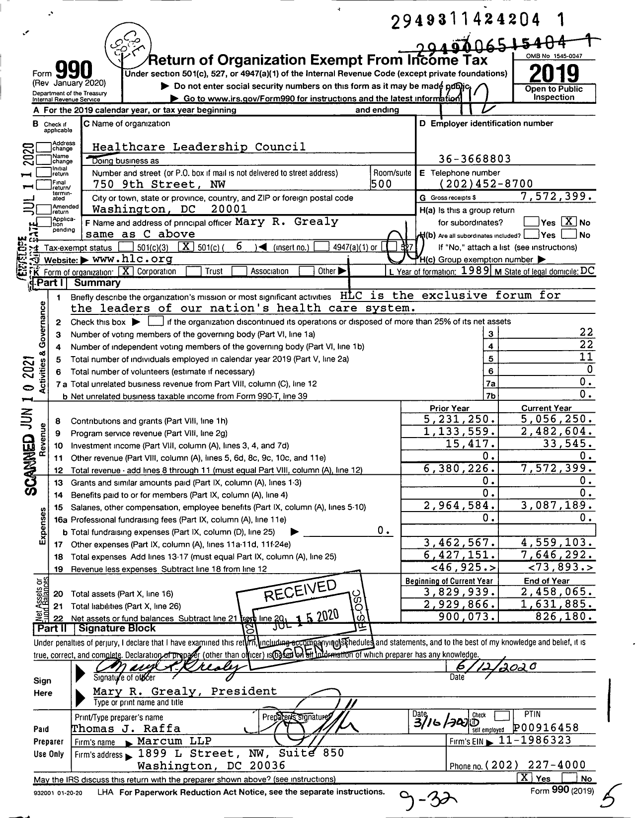 Image of first page of 2019 Form 990O for Healthcare Leadership Council (HLC)