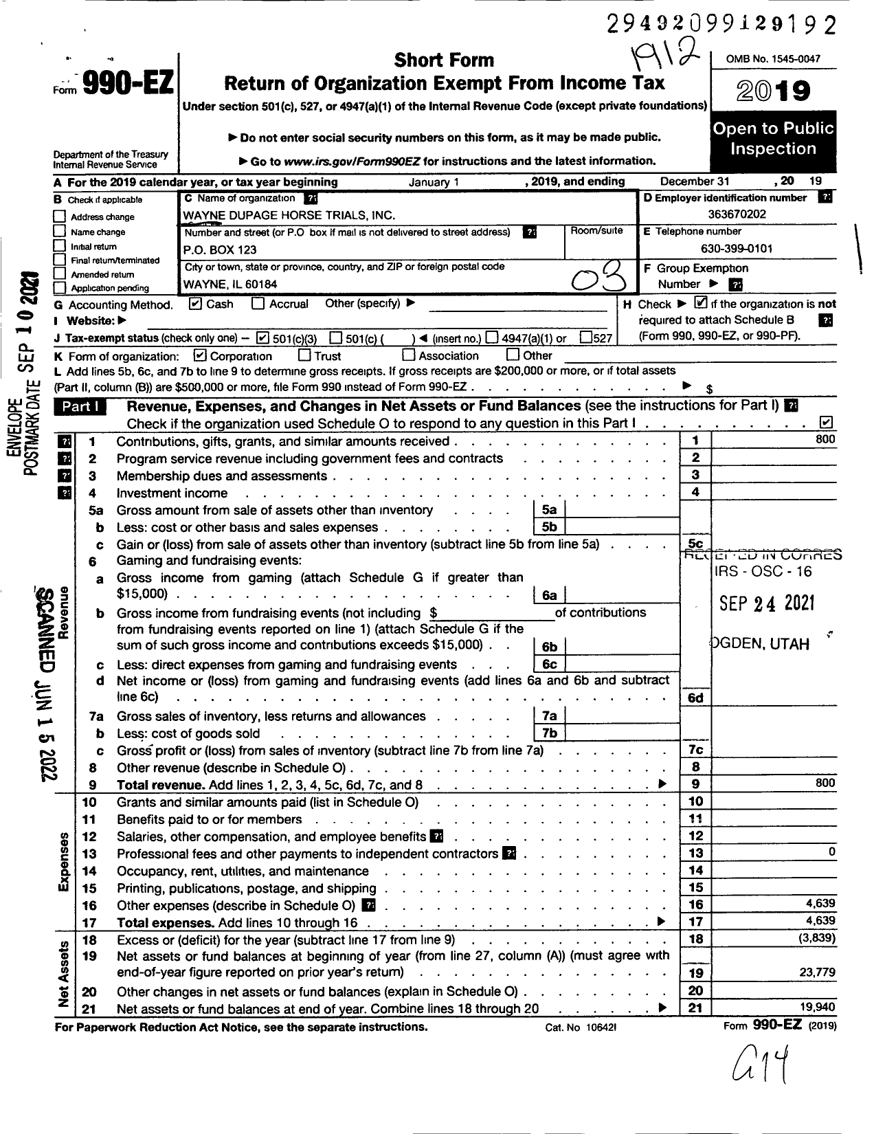 Image of first page of 2019 Form 990EZ for Wayne Dupage Horse Trials