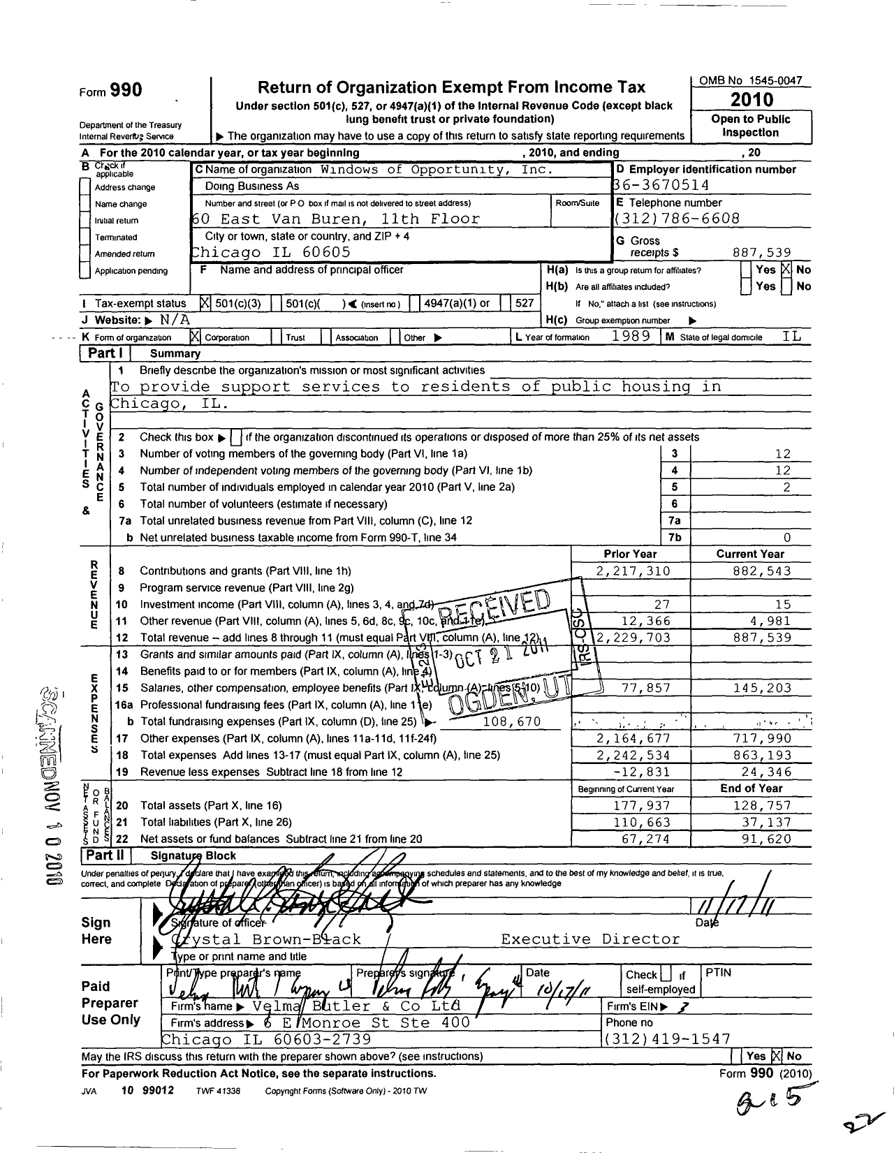 Image of first page of 2010 Form 990 for Windows of Opportunity