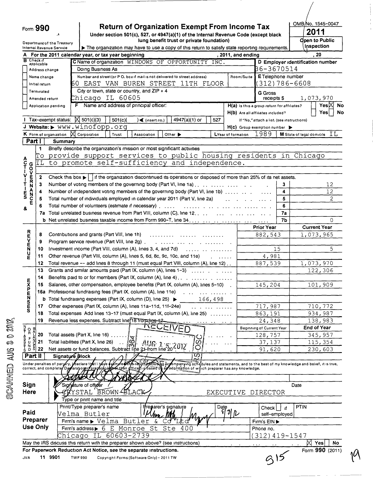 Image of first page of 2011 Form 990 for Windows of Opportunity