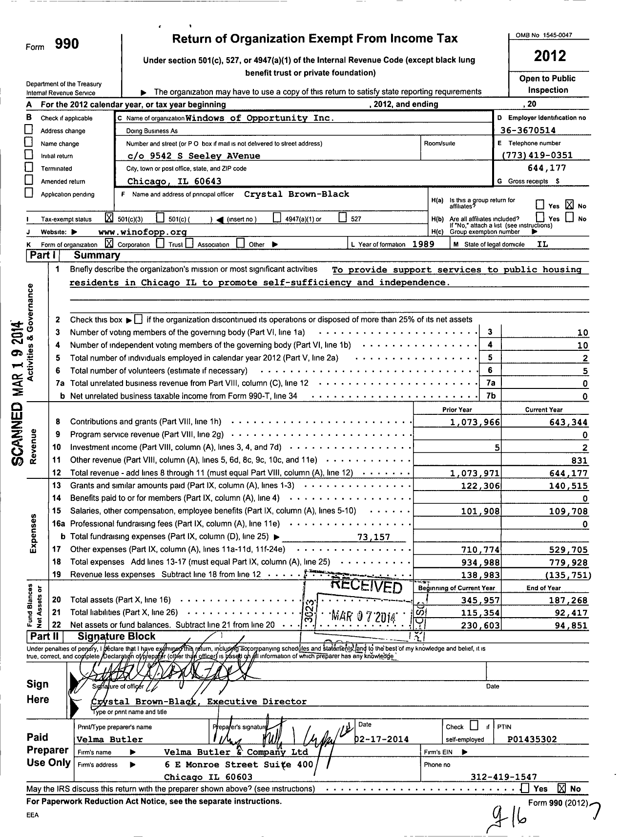 Image of first page of 2012 Form 990 for Windows of Opportunity