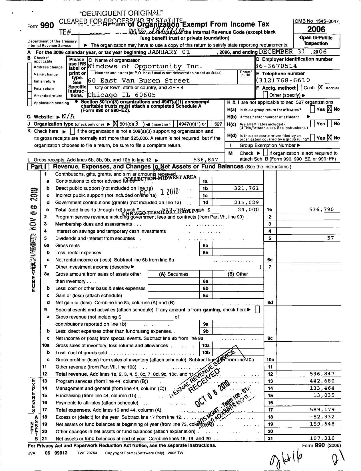 Image of first page of 2006 Form 990 for Windows of Opportunity