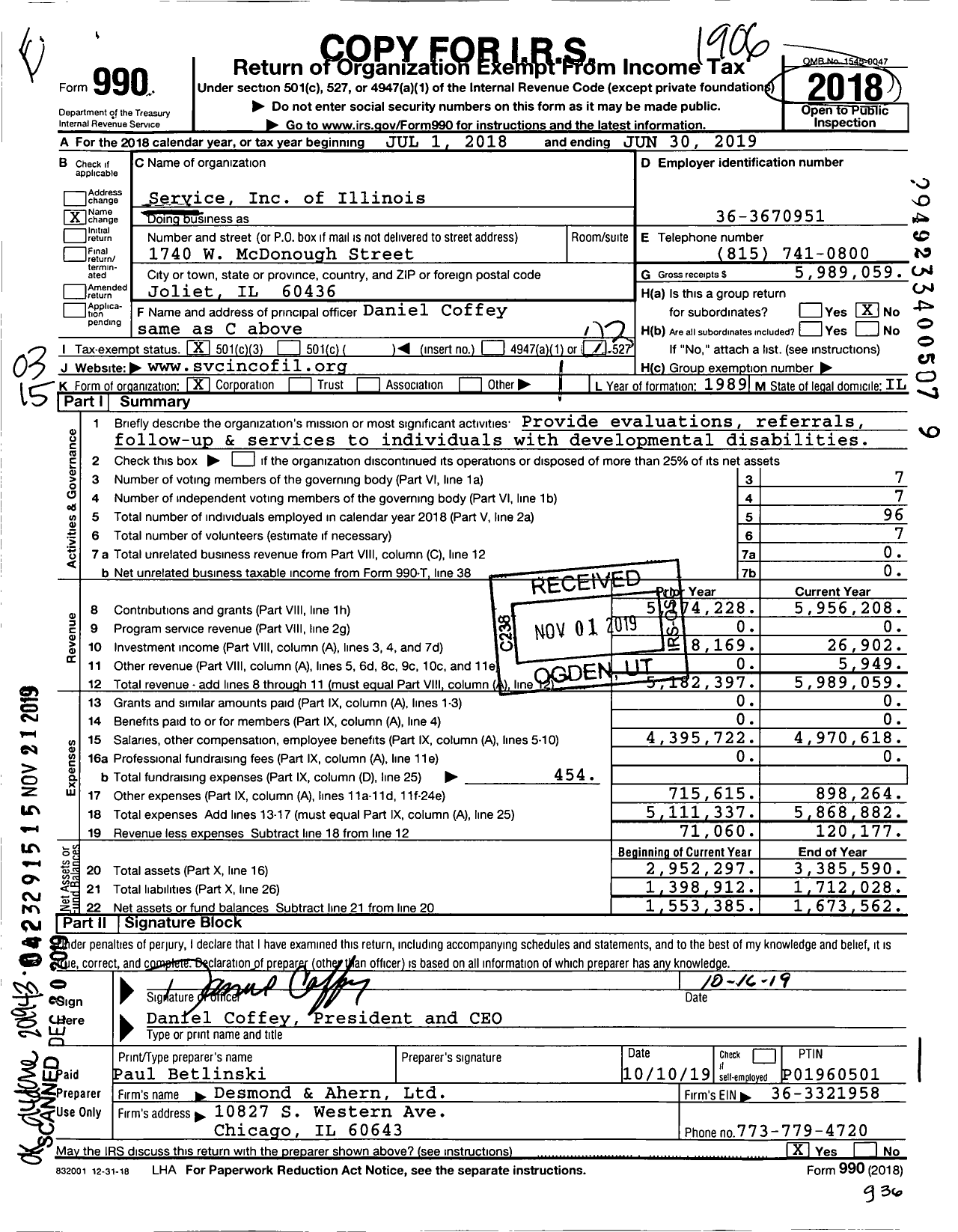 Image of first page of 2018 Form 990 for Service Inc of Illinois