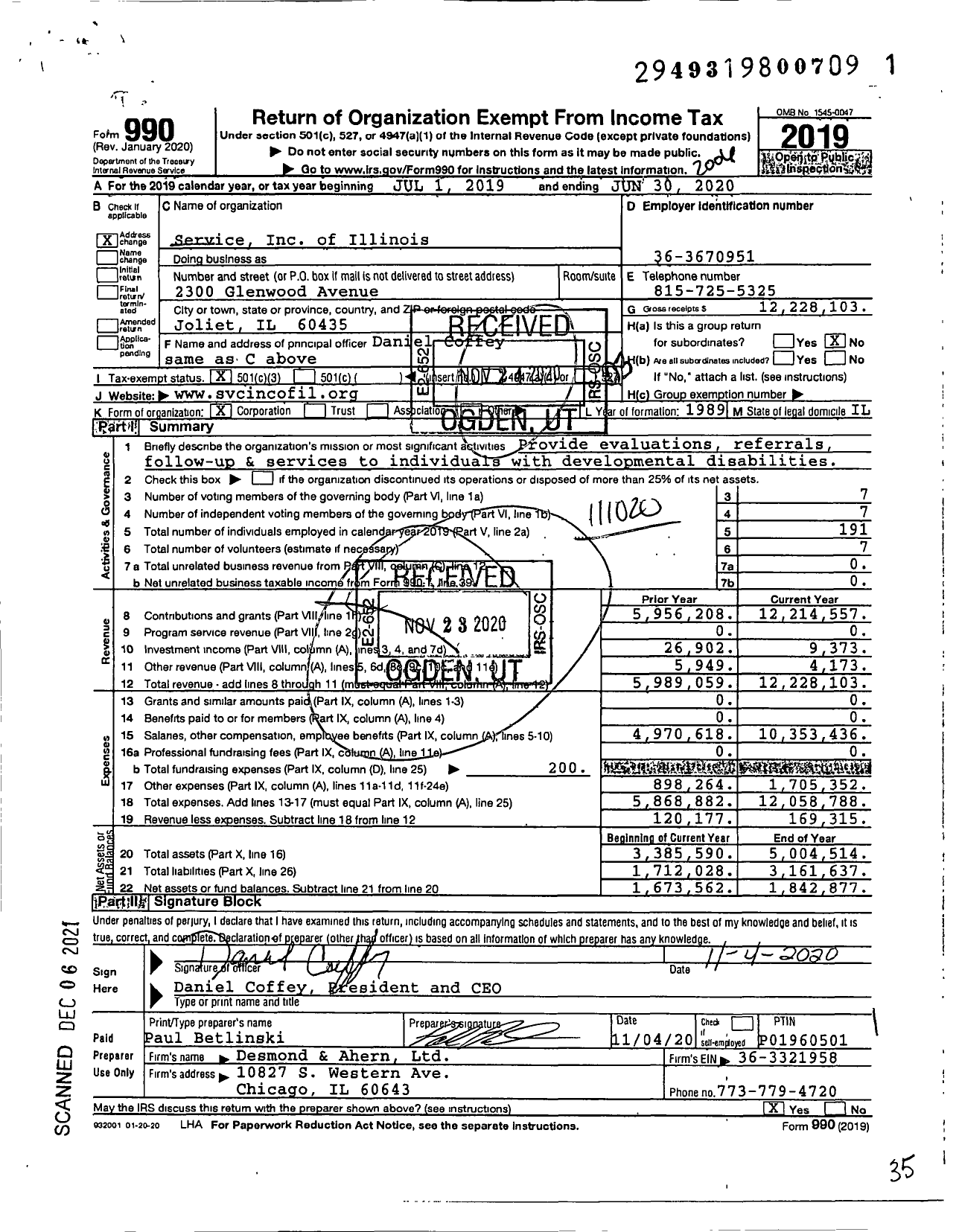 Image of first page of 2019 Form 990 for Service Inc of Illinois