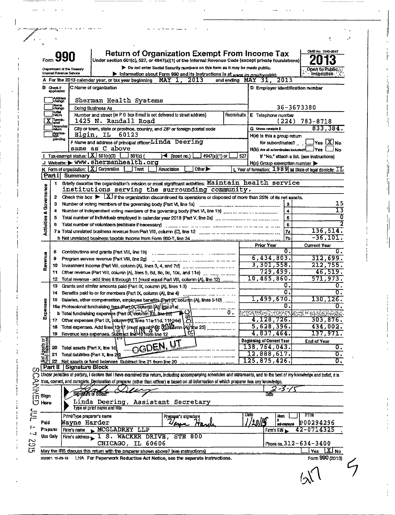 Image of first page of 2012 Form 990 for Sherman Health Systems