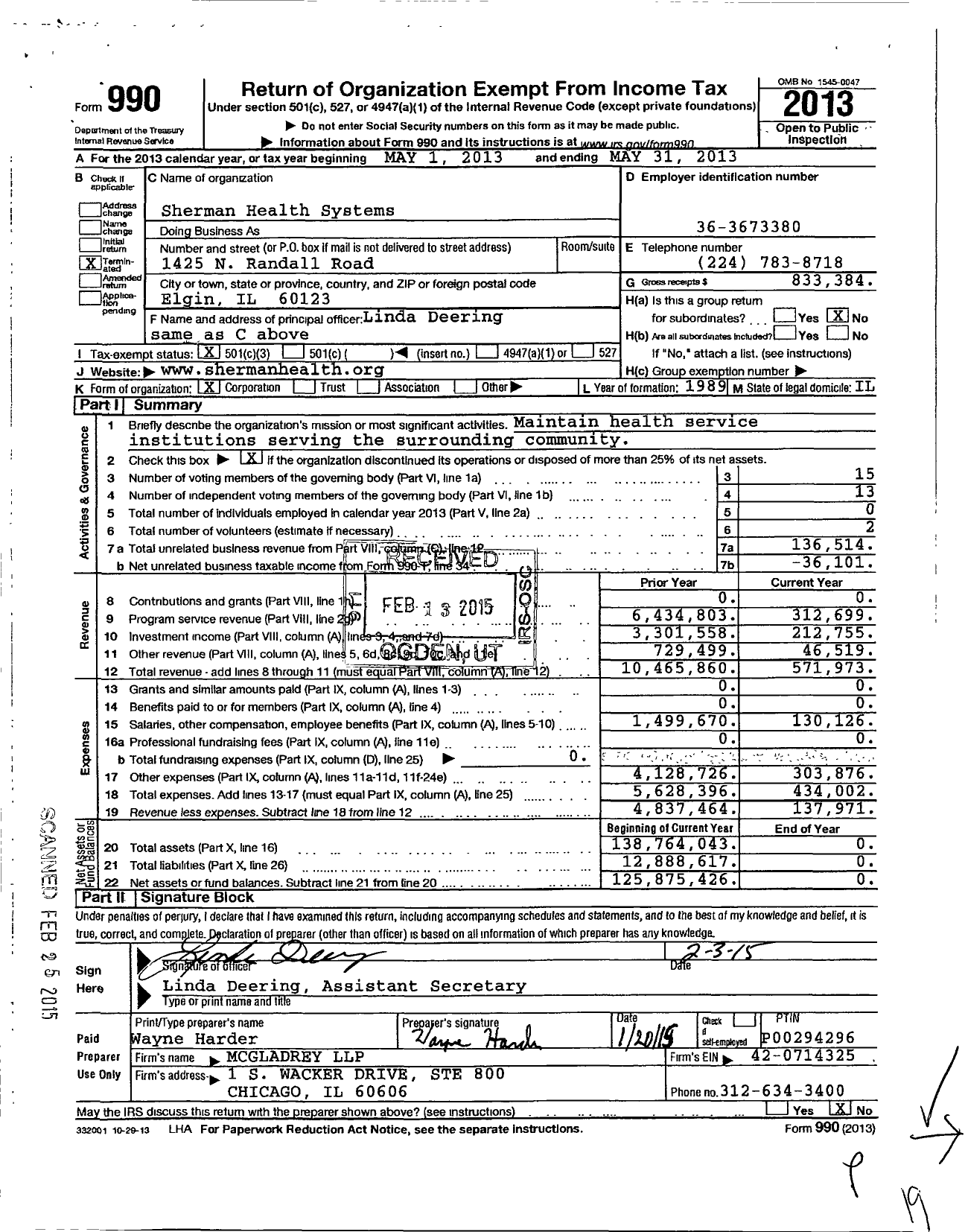 Image of first page of 2012 Form 990 for Sherman Health Systems