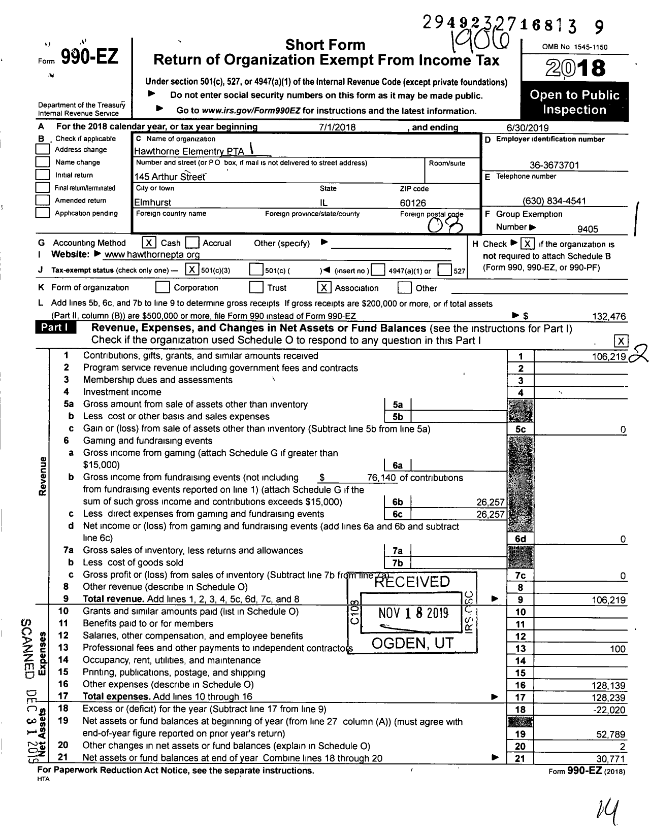 Image of first page of 2018 Form 990EZ for Illinois PTA - Hawthorne PTA