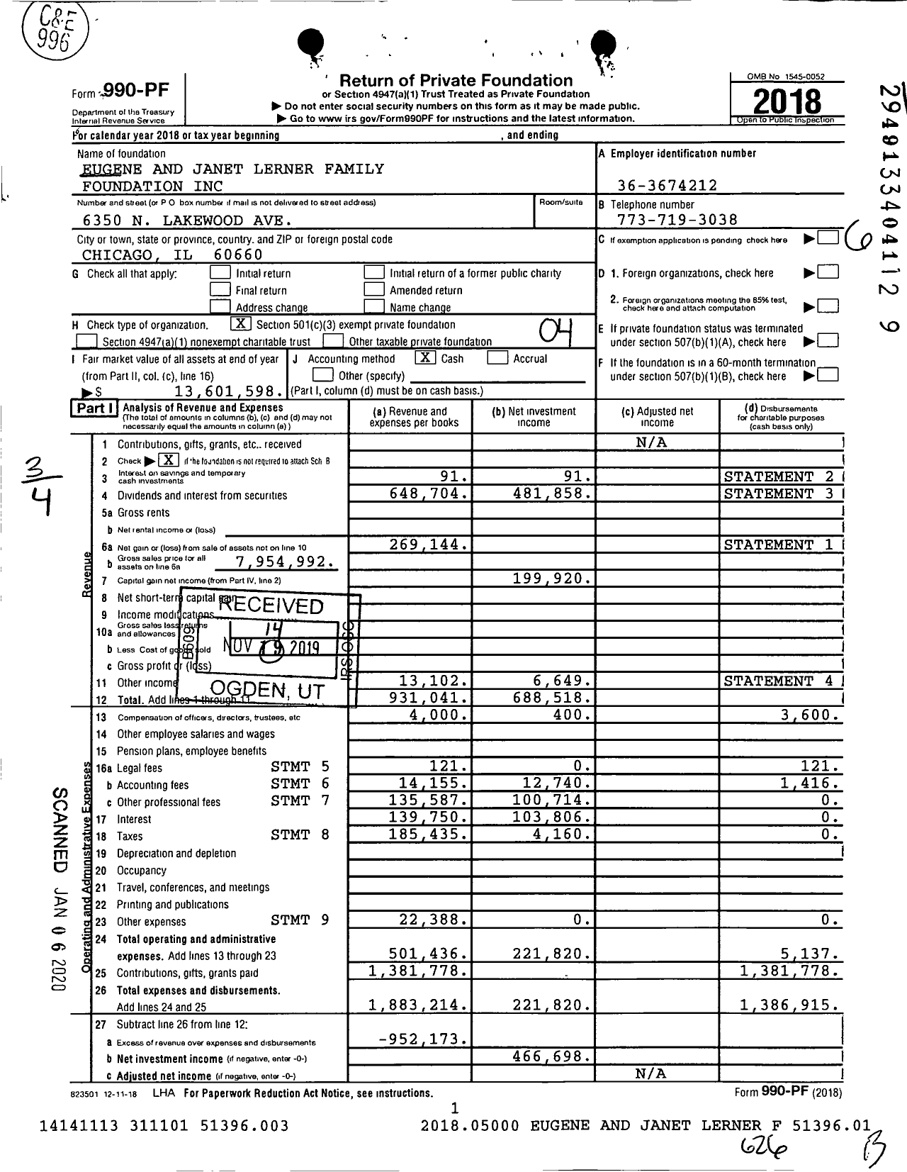 Image of first page of 2018 Form 990PF for Eugene and Janet Lerner Family Foundation