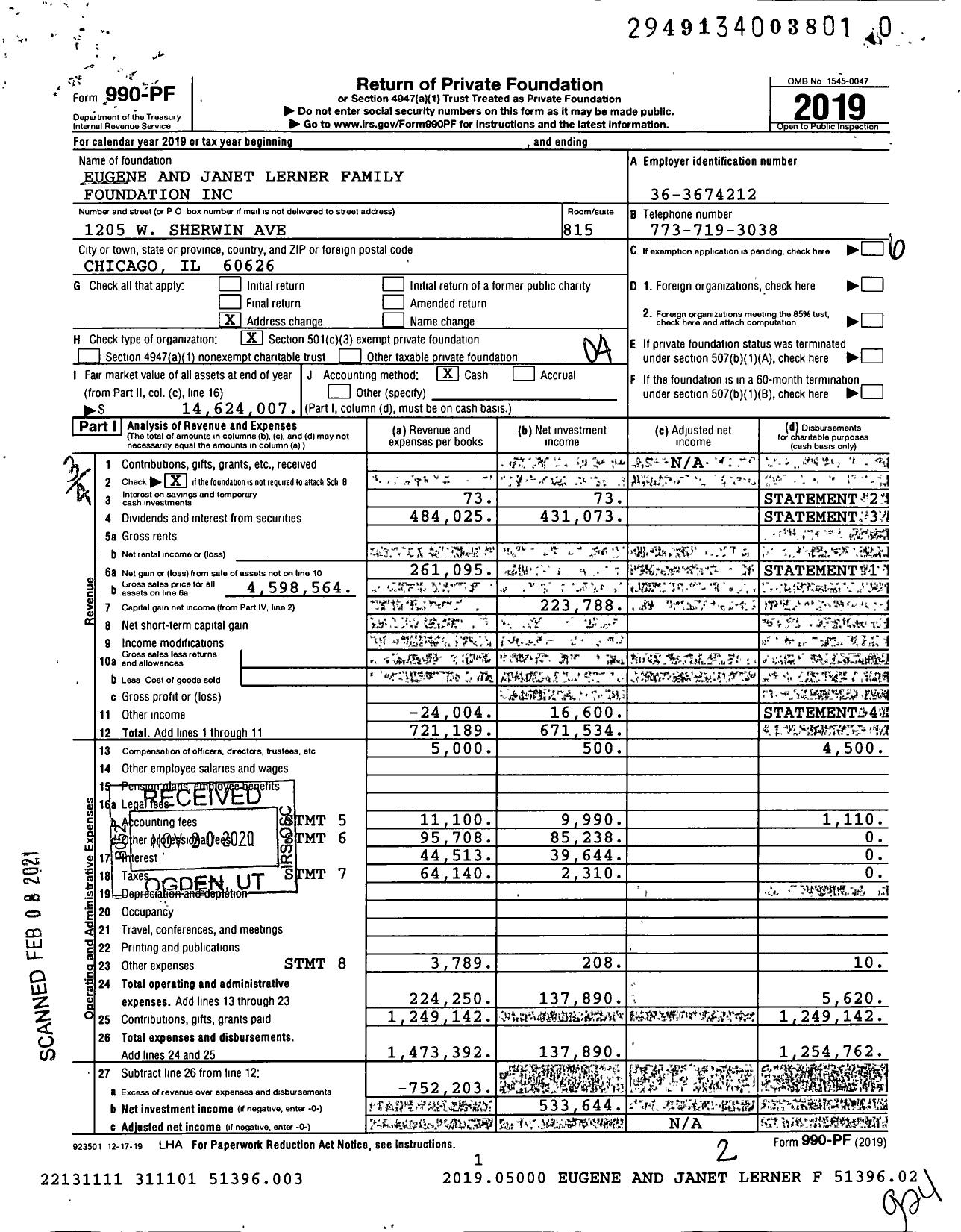 Image of first page of 2019 Form 990PF for Eugene and Janet Lerner Family Foundation