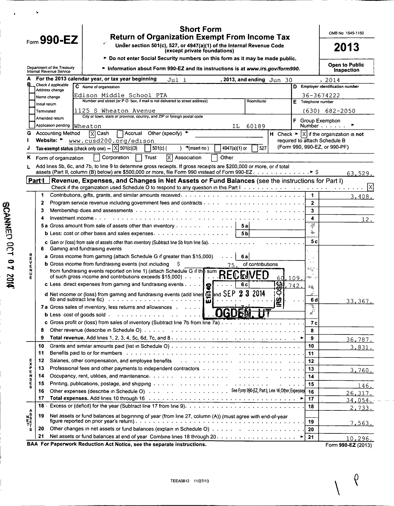 Image of first page of 2013 Form 990EZ for Illinois PTA - Edison Middle PTA