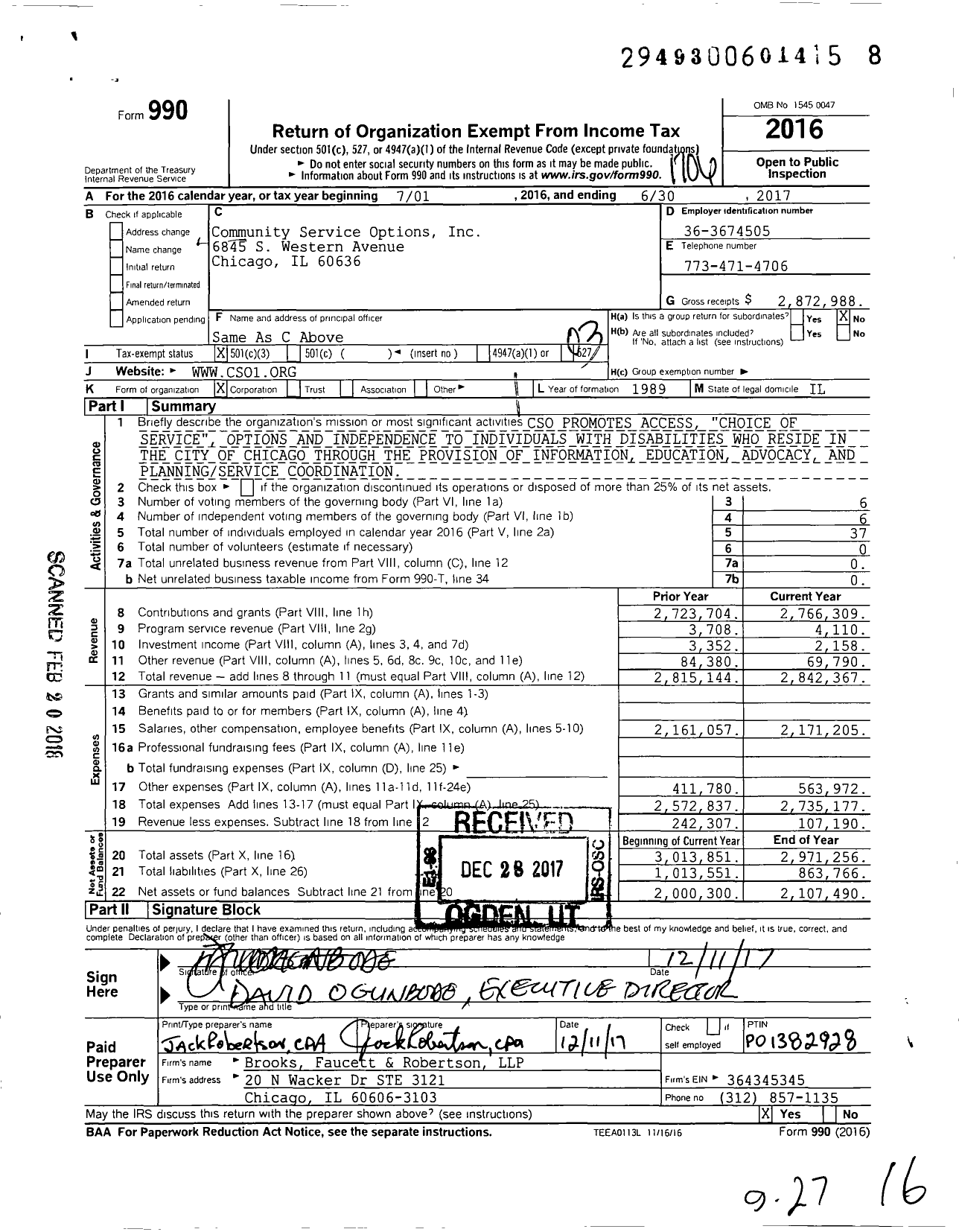 Image of first page of 2016 Form 990 for Community Service Options (CSO)