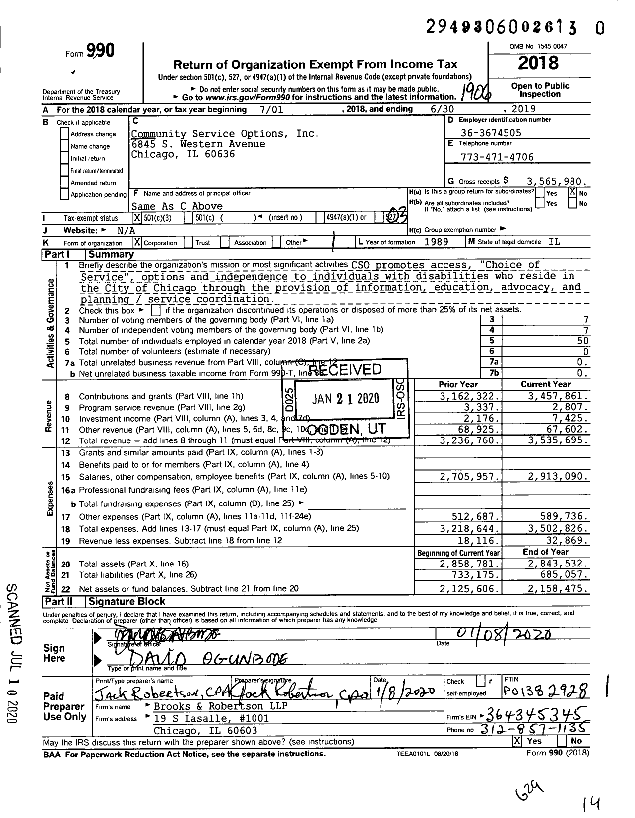 Image of first page of 2018 Form 990 for Community Service Options (CSO)