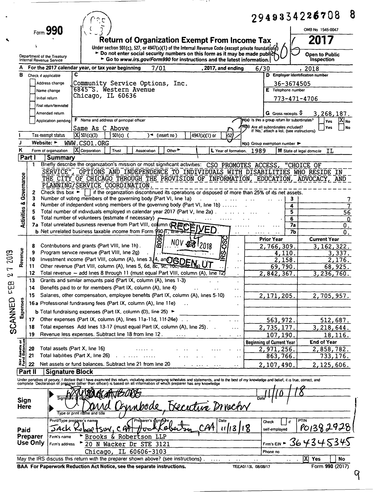 Image of first page of 2017 Form 990 for Community Service Options (CSO)
