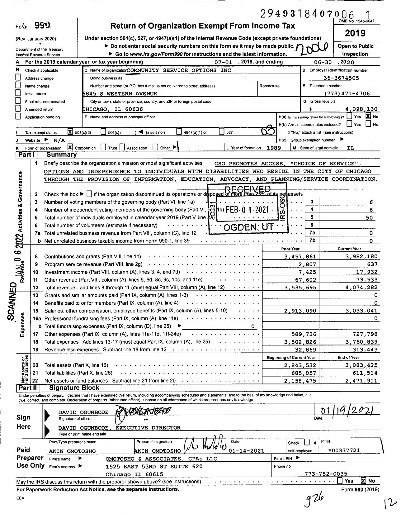 Image of first page of 2019 Form 990 for Community Service Options (CSO)