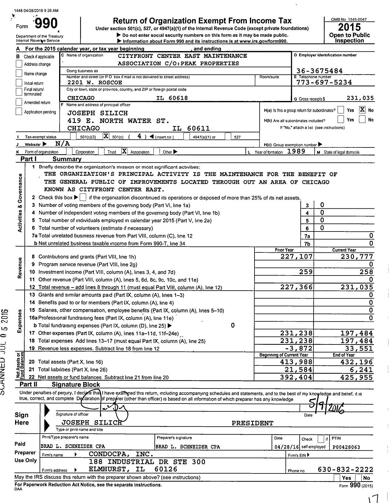 Image of first page of 2015 Form 990O for Cityfront Center East Maintenance Association Center / Owestward 360