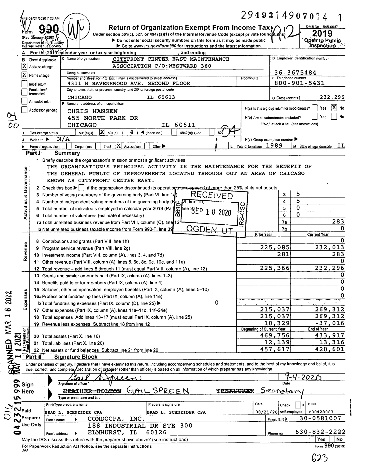 Image of first page of 2019 Form 990O for Cityfront Center East Maintenance Association Center / Owestward 360