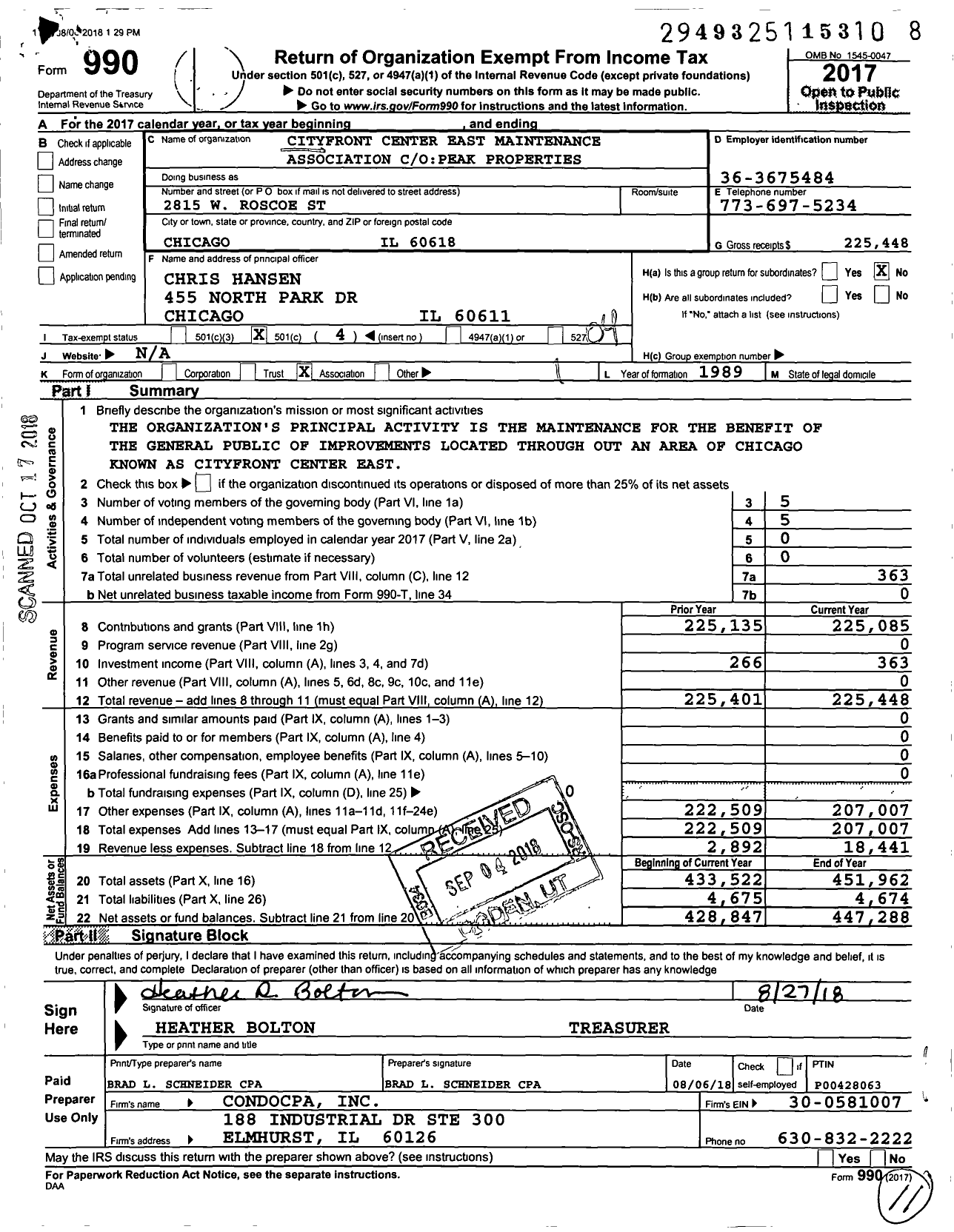 Image of first page of 2017 Form 990O for Cityfront Center East Maintenance Association Center / Owestward 360