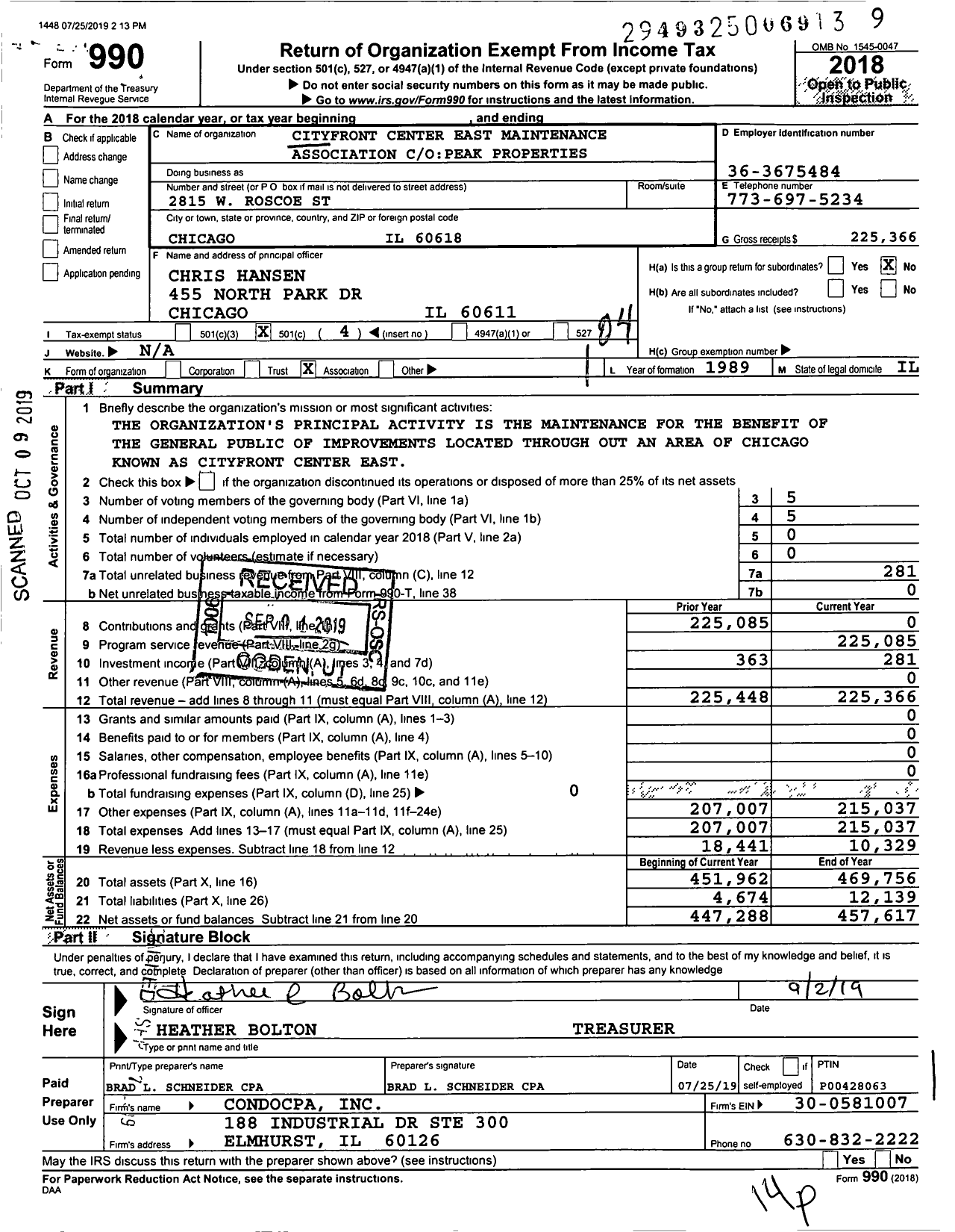 Image of first page of 2018 Form 990O for Cityfront Center East Maintenance Association Center / Owestward 360