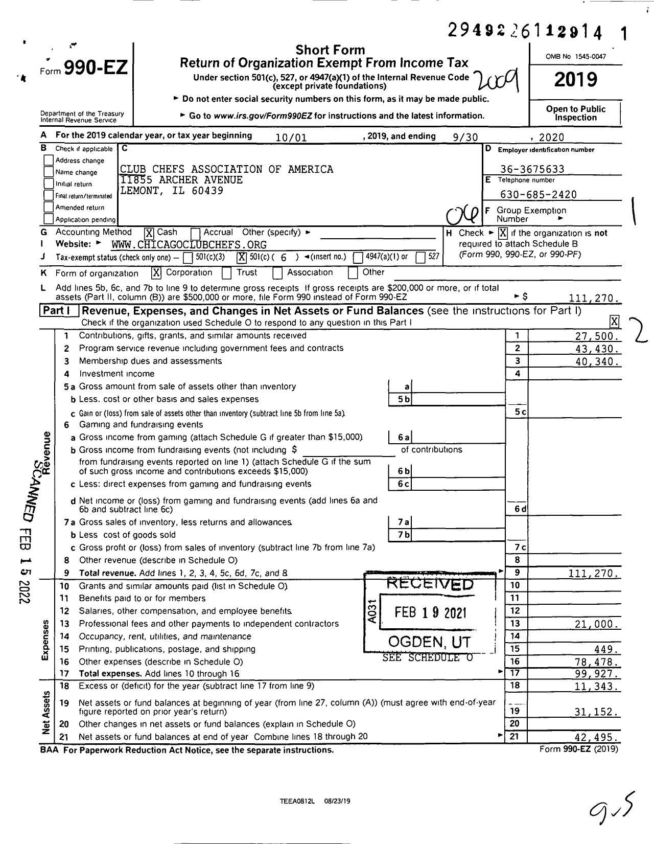 Image of first page of 2019 Form 990EO for Club Chefs Association of America