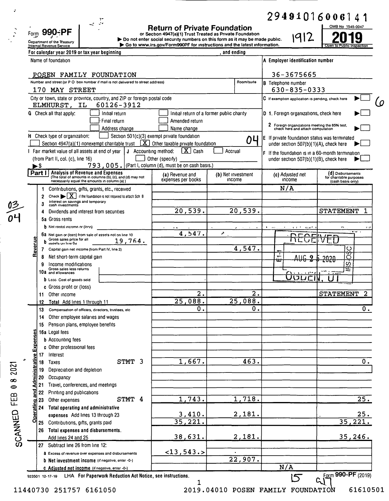 Image of first page of 2019 Form 990PF for Posen Family Foundation