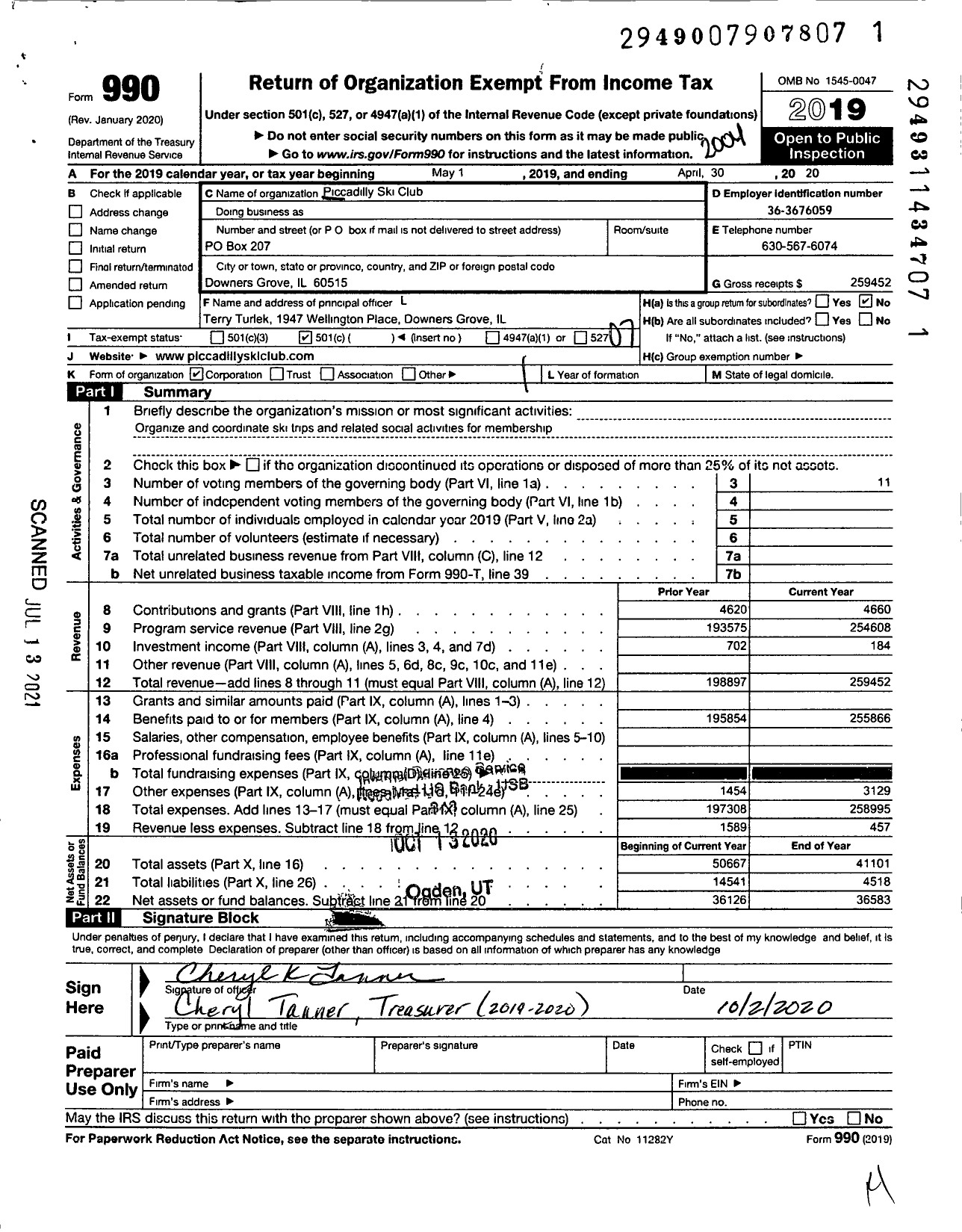 Image of first page of 2019 Form 990O for Piccadilly Ski Club Piccadilly Ski Club