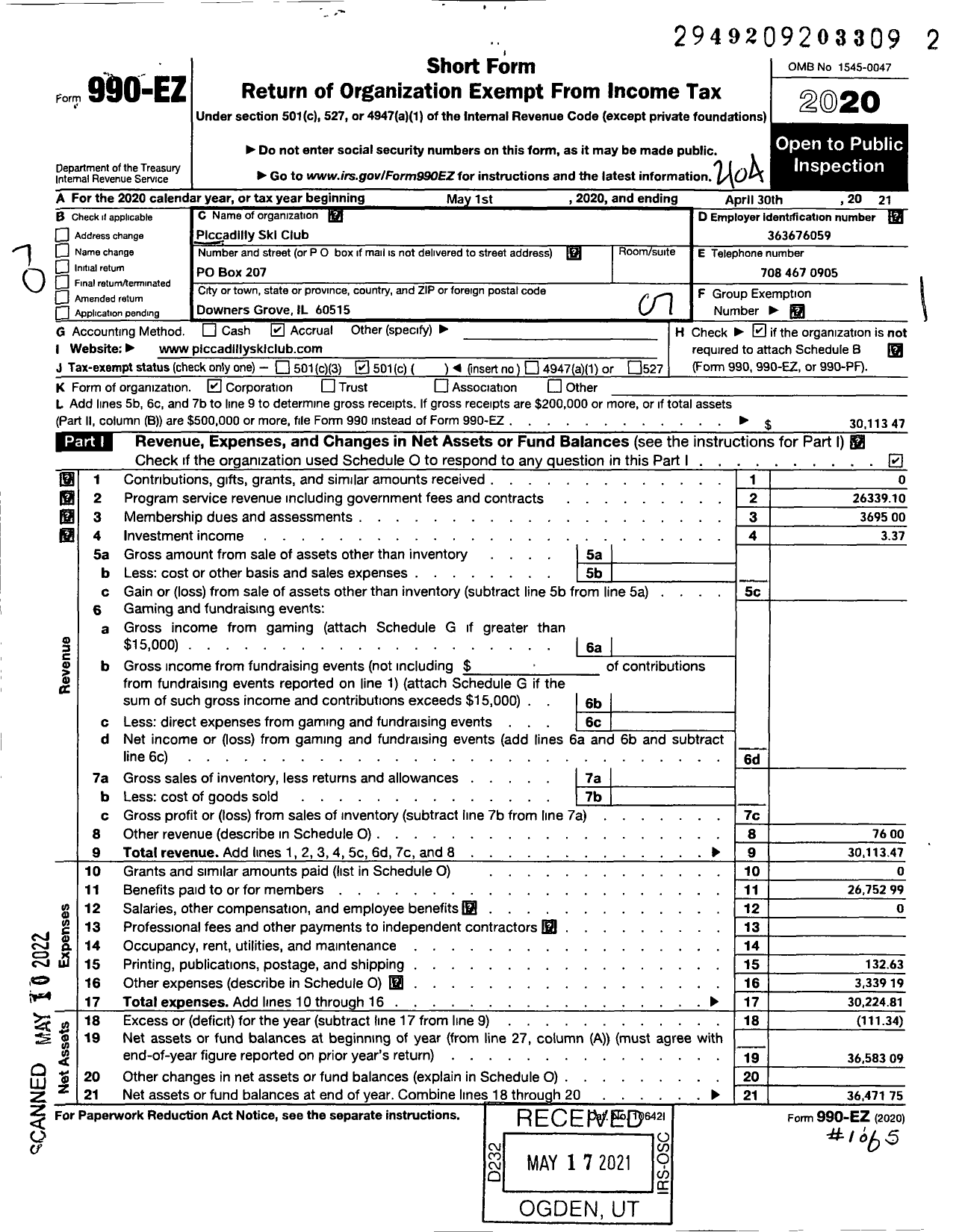 Image of first page of 2020 Form 990EO for Piccadilly Ski Club Piccadilly Ski Club