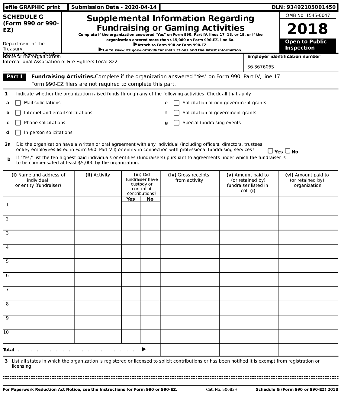 Image of first page of 2018 Form 990EZ for International Association of Fire Fighters - L0822 Highland Park