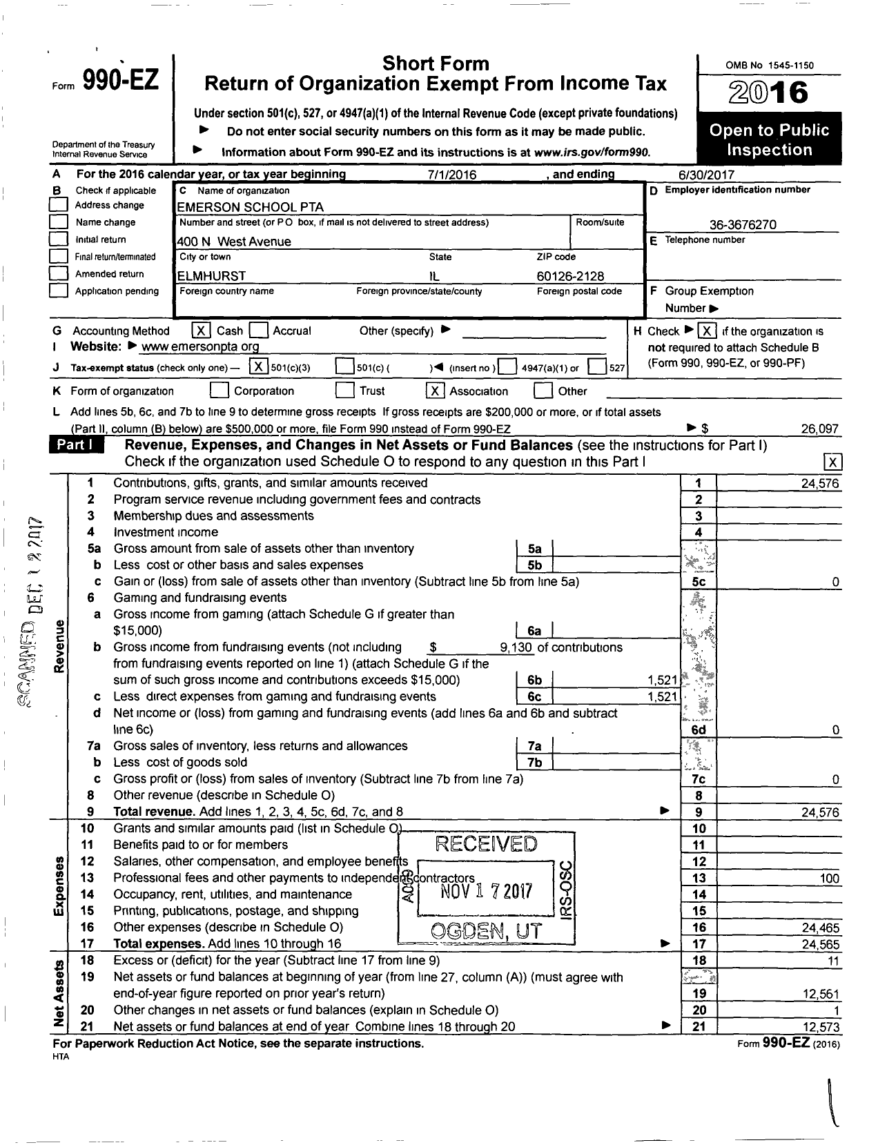 Image of first page of 2016 Form 990EZ for Illinois PTA - Emerson PTA