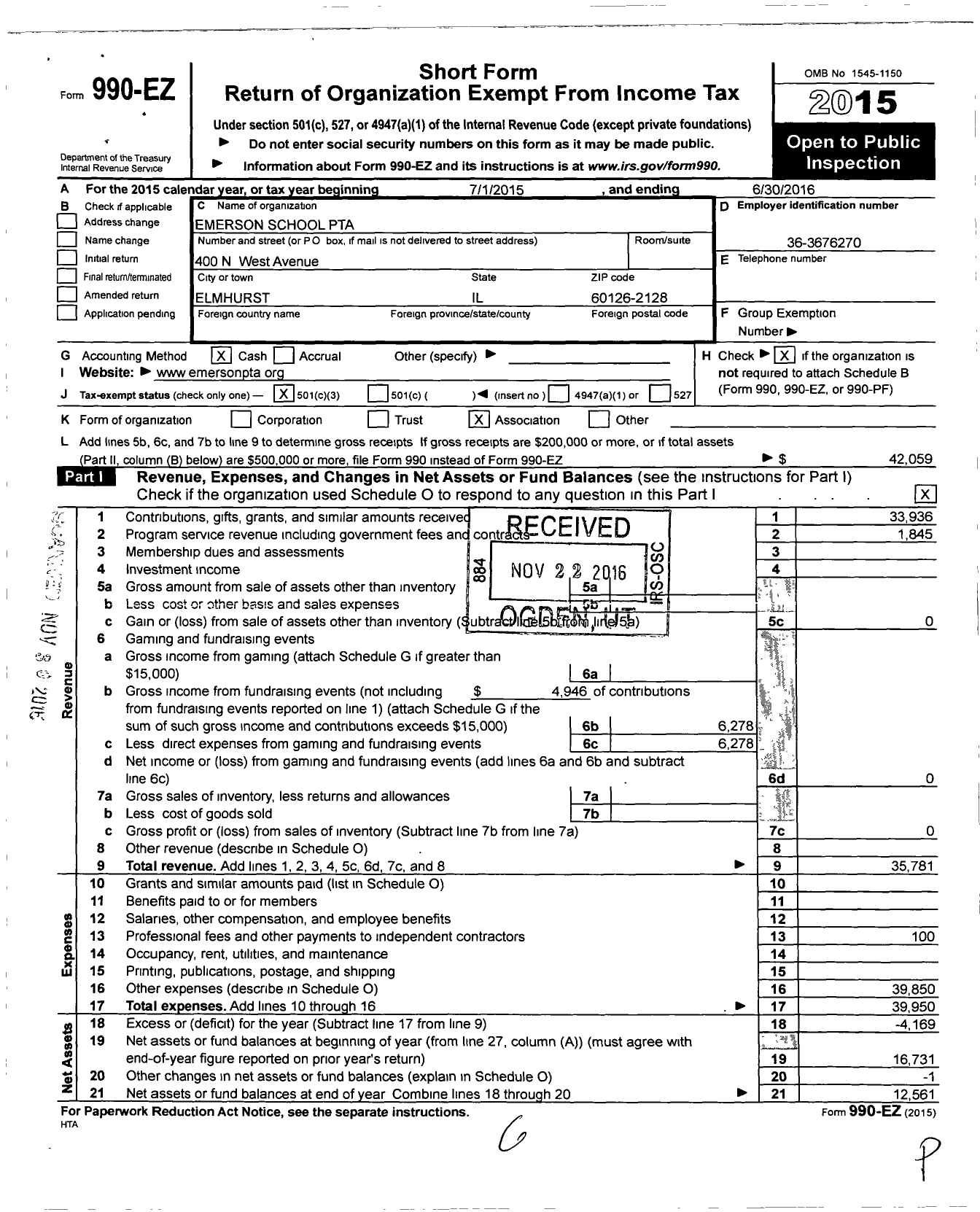 Image of first page of 2015 Form 990EZ for Illinois PTA - Emerson PTA