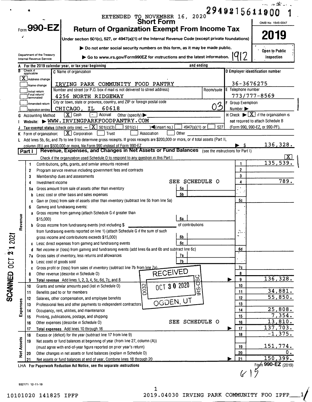 Image of first page of 2019 Form 990EZ for Irving Park Community Food Pantry