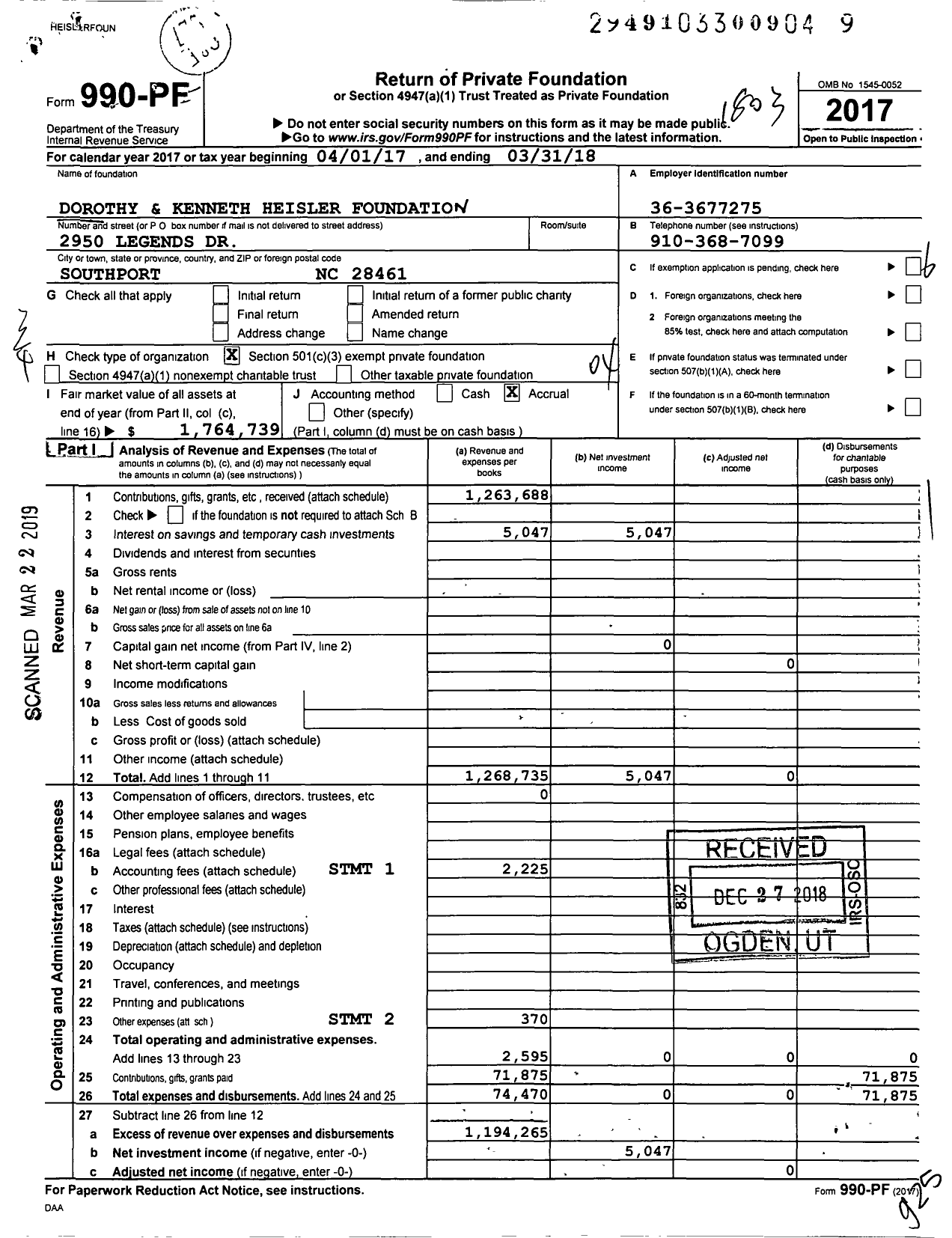 Image of first page of 2017 Form 990PF for Dorothy and Kenneth Heisler Foundation