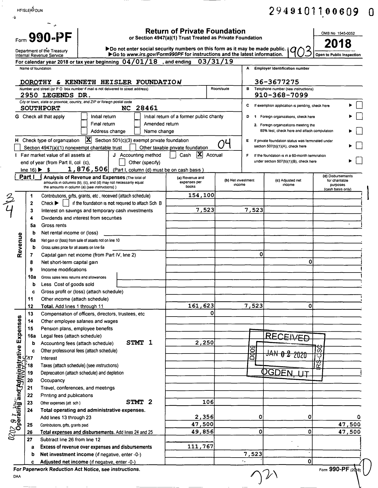 Image of first page of 2018 Form 990PR for Dorothy and Kenneth Heisler Foundation