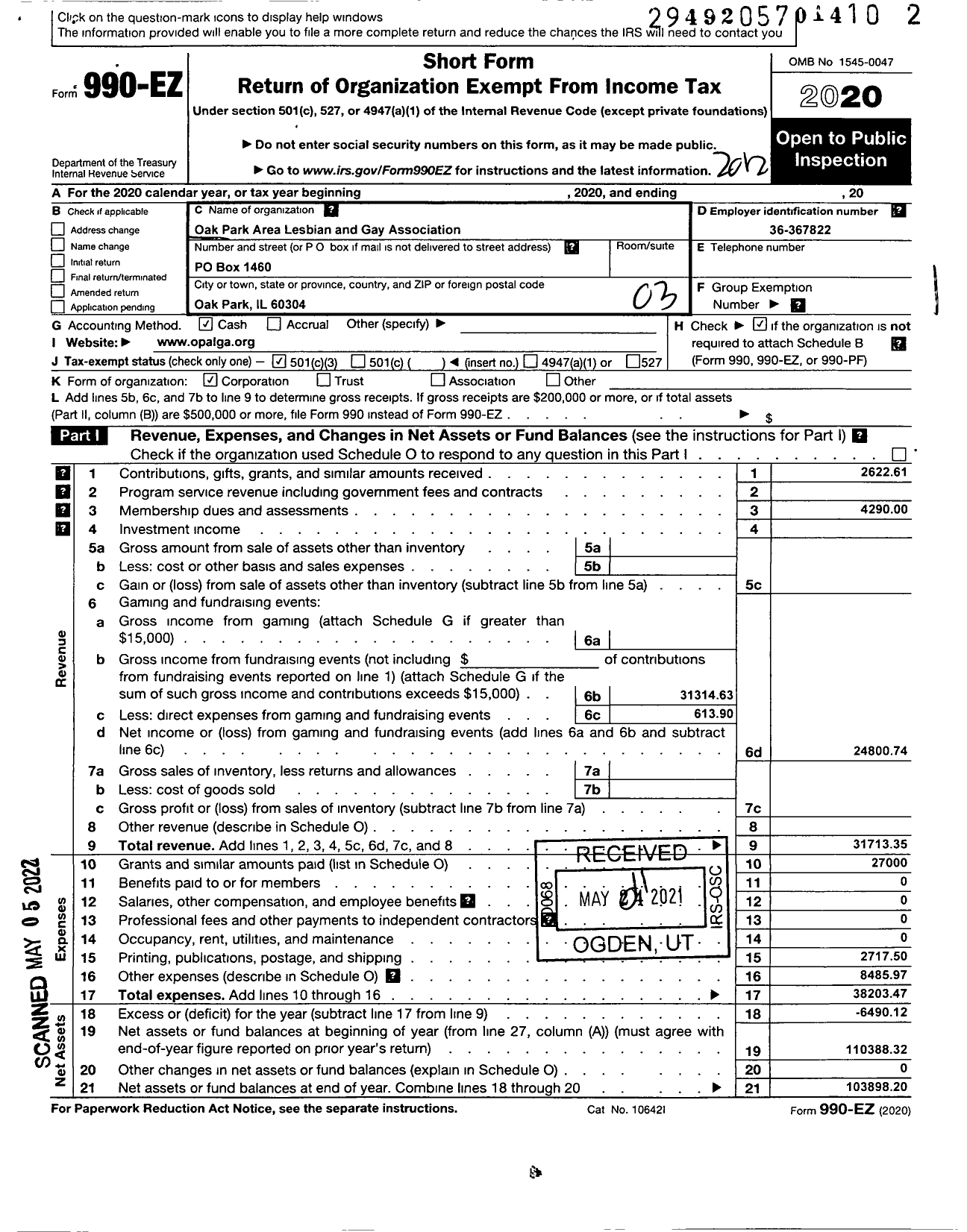 Image of first page of 2020 Form 990EZ for Oak Park Lesbian and Gay