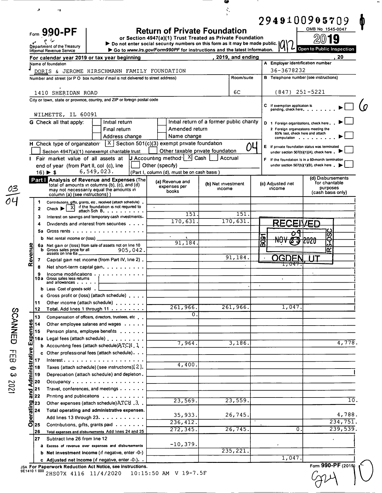 Image of first page of 2019 Form 990PF for Doris & Jerome Hirschmann Family Foundation