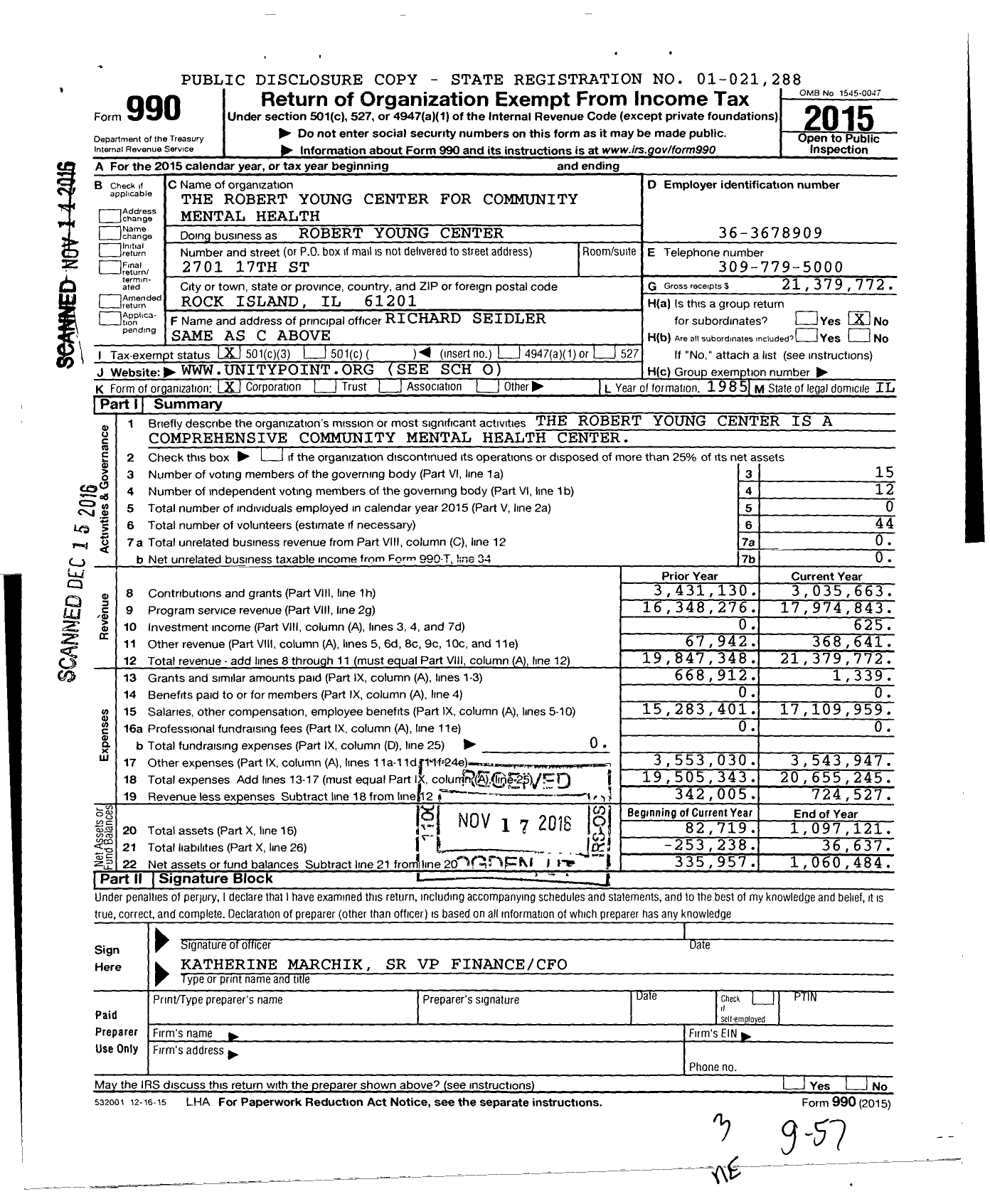 Image of first page of 2015 Form 990 for Robert Young Center