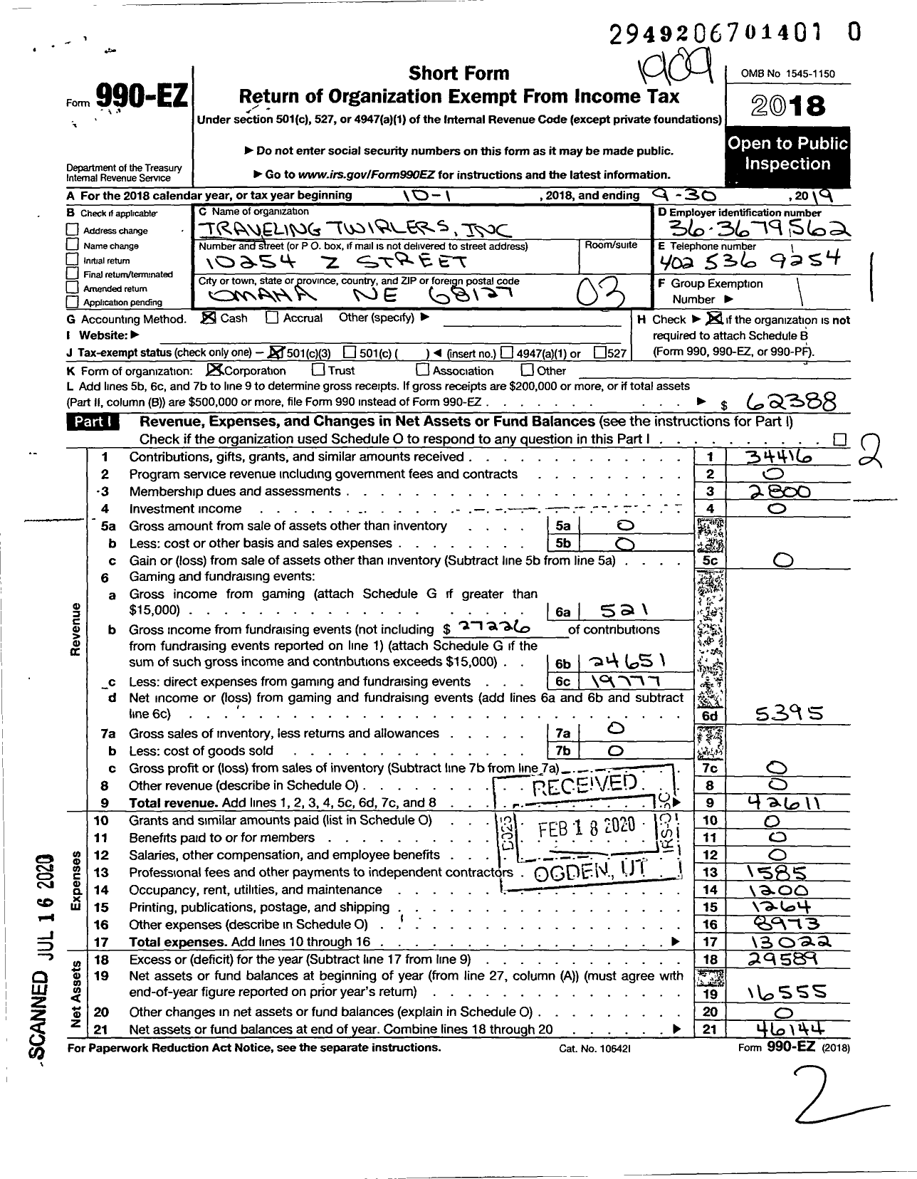 Image of first page of 2018 Form 990EZ for Traveling Twirlers