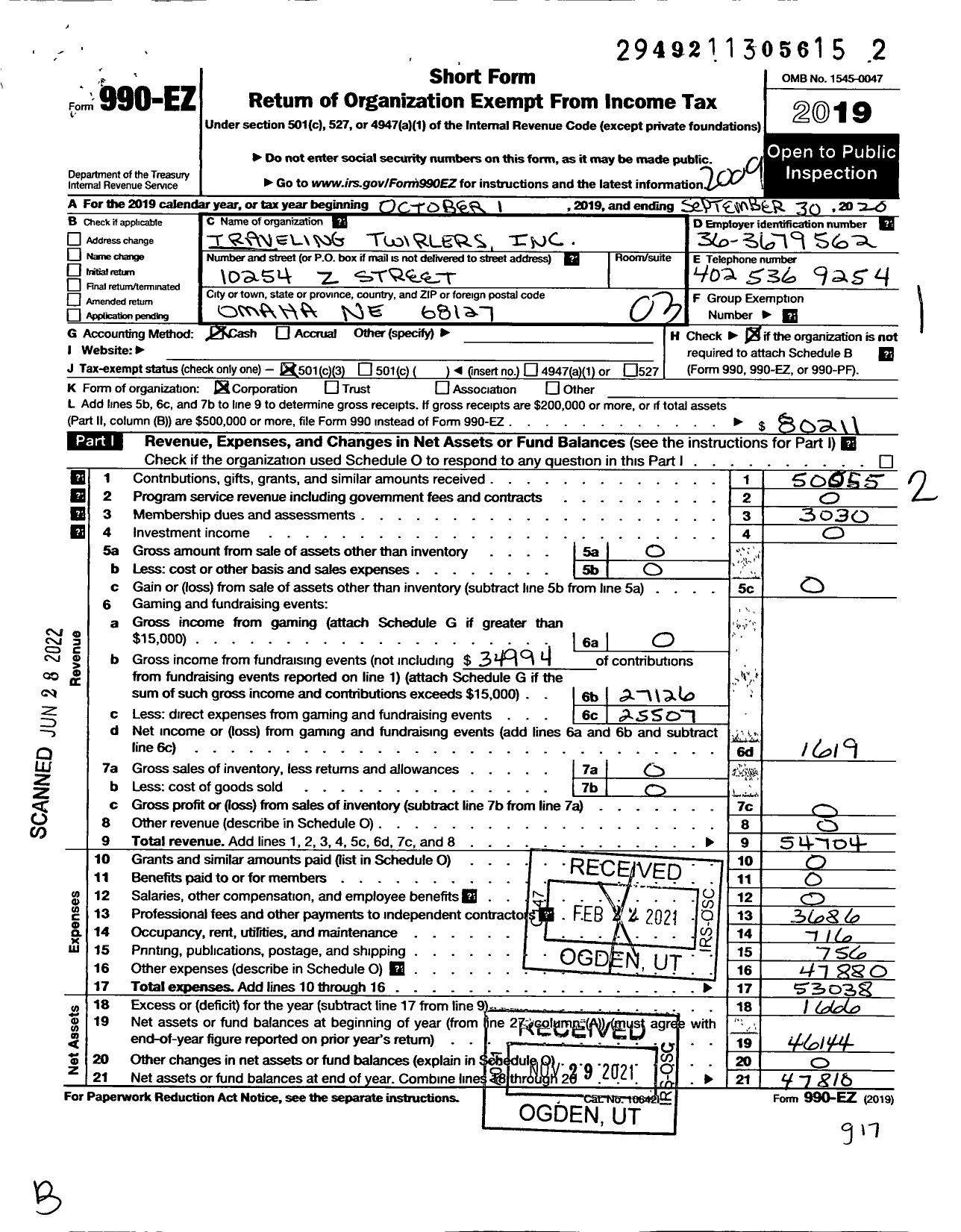 Image of first page of 2019 Form 990EZ for Traveling Twirlers