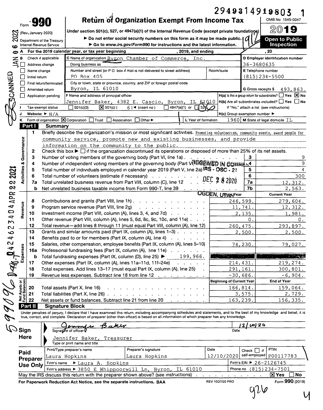 Image of first page of 2019 Form 990O for Byron Chamber of Commerce