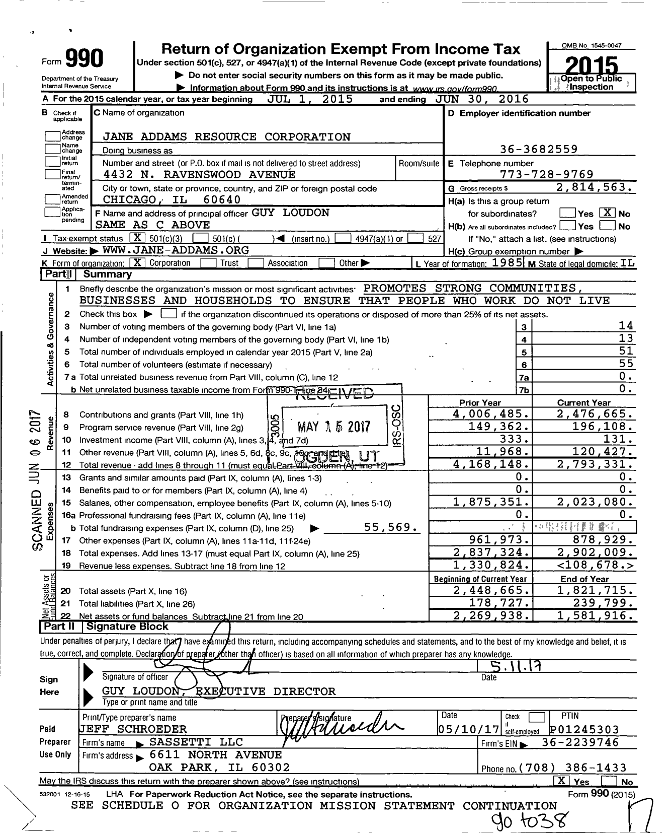 Image of first page of 2015 Form 990 for Jane Addams Resource Corporation (JARC)