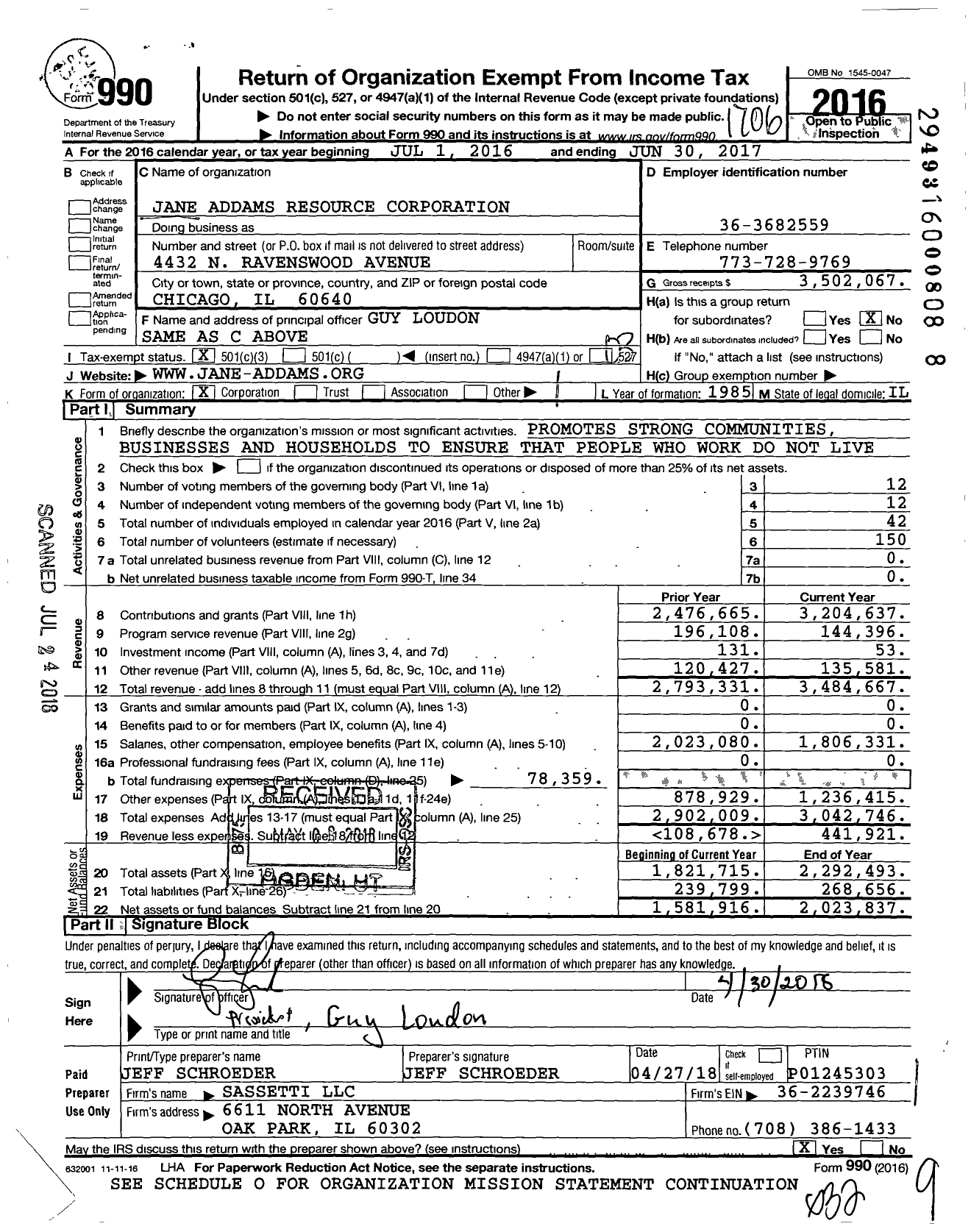 Image of first page of 2016 Form 990 for Jane Addams Resource Corporation (JARC)
