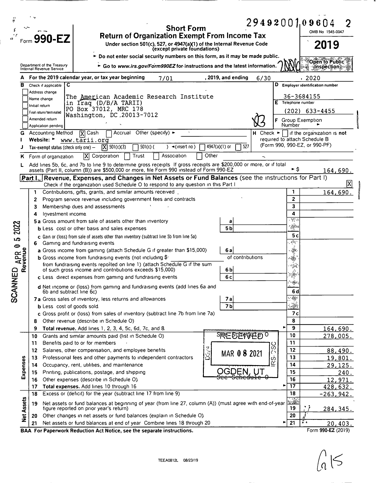 Image of first page of 2019 Form 990EZ for American Academic Research Institute in Iraq (TARII)