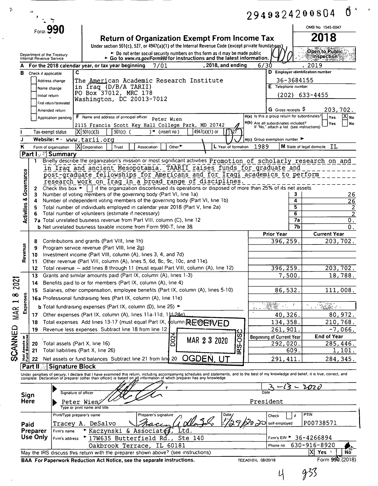 Image of first page of 2018 Form 990 for American Academic Research Institute in Iraq (TARII)