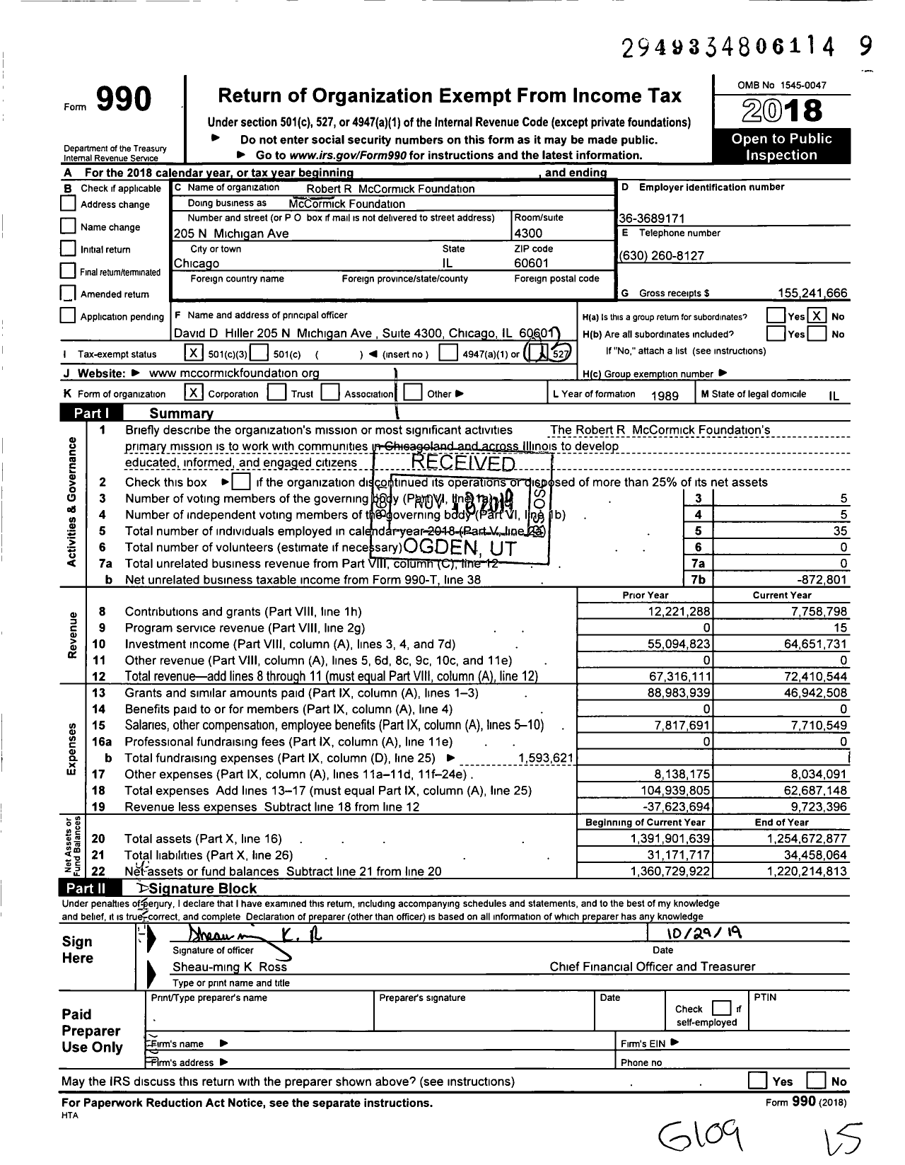 Image of first page of 2018 Form 990 for Robert R Mccormick Foundation