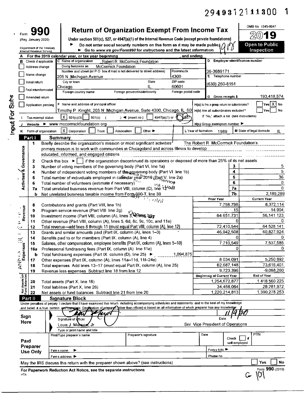 Image of first page of 2019 Form 990 for Robert R Mccormick Foundation