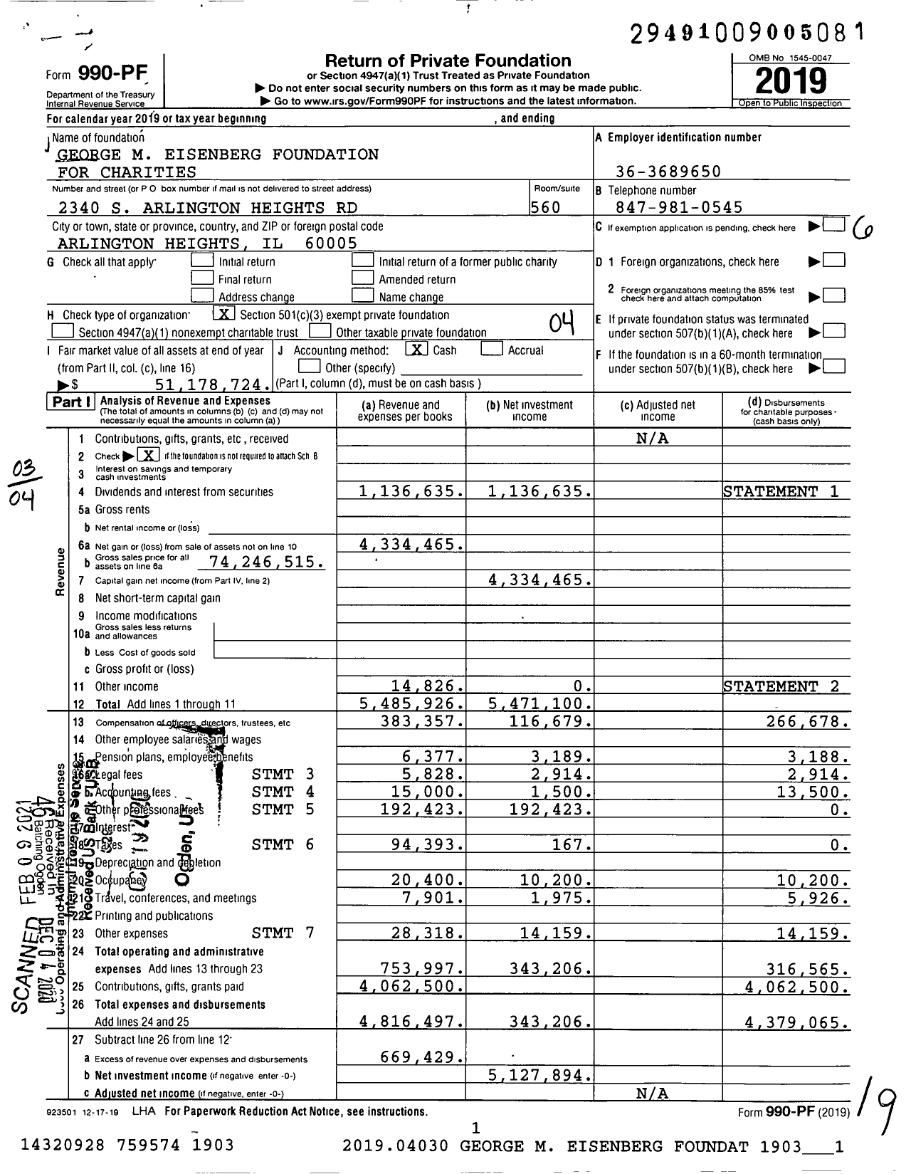 Image of first page of 2019 Form 990PF for George M Eisenberg Foundation for Charities